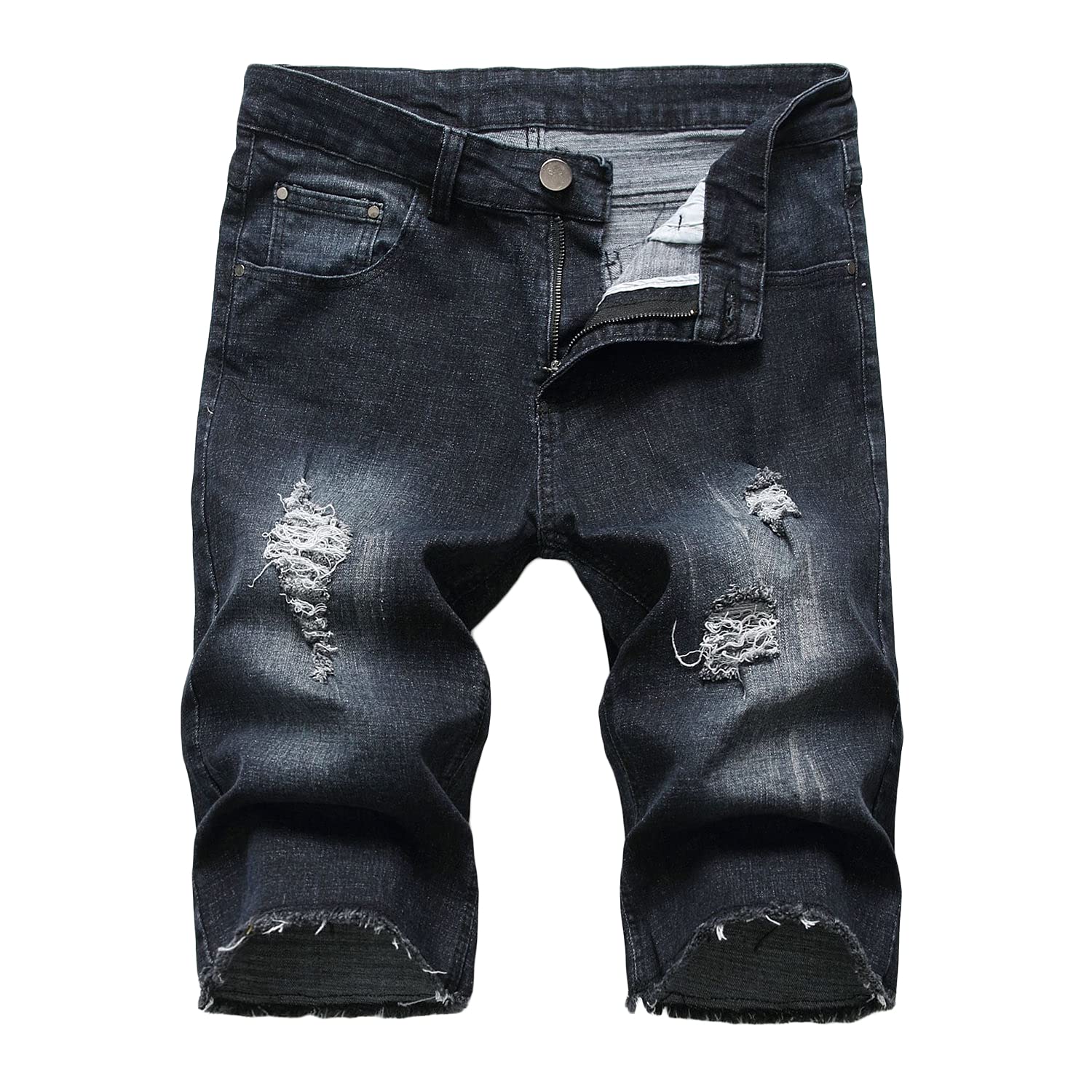 Vintage Washed Distressed Men's Ripped Denim Shorts - Classic Fit, Straight Knee-Length Casual Jean Shorts (Black, Size 30) | Perfect for Summer Outfits, Beach Wear & Street Style Fashion