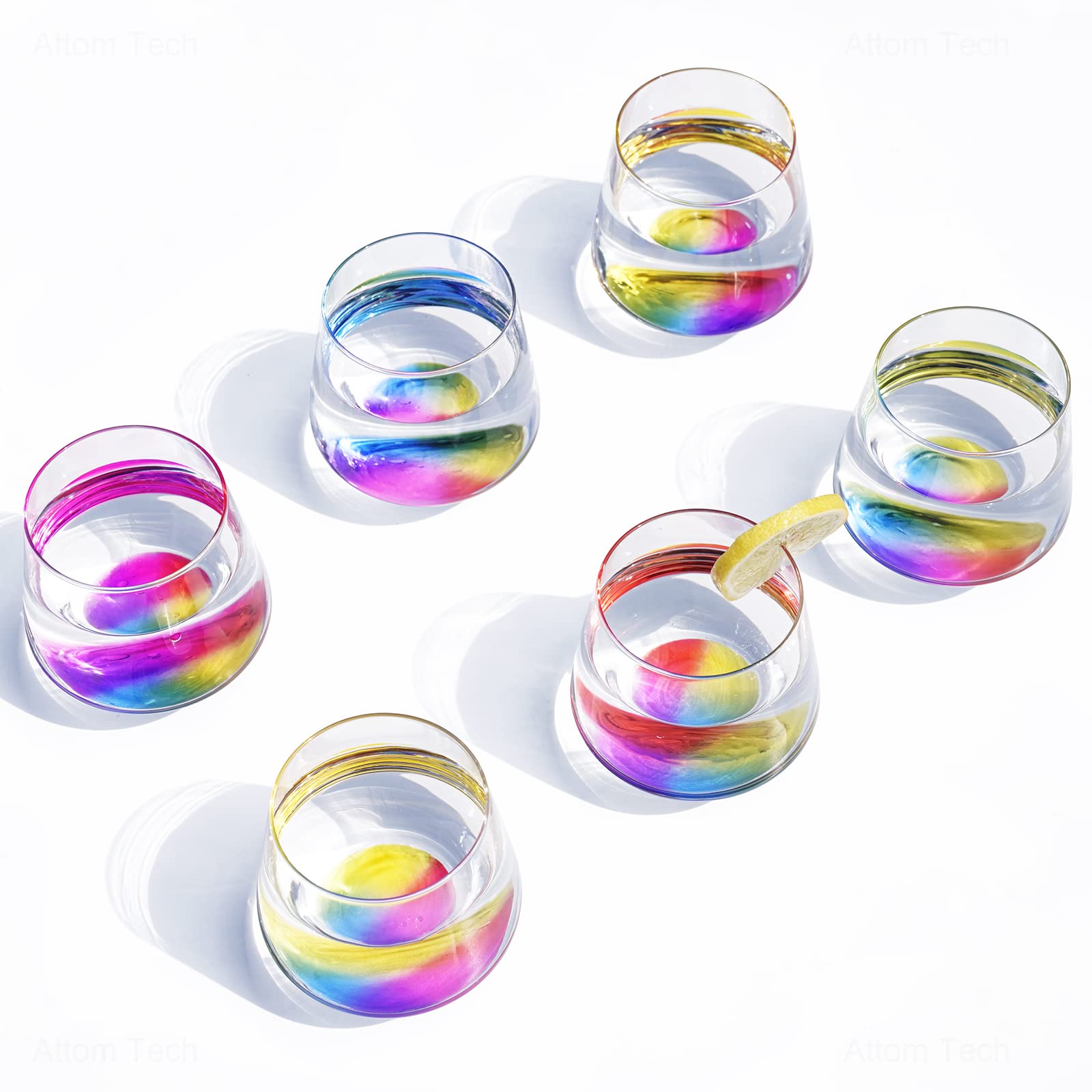 NiHome Stemless Wine Glass Set of 6 - 12oz Rainbow Colored Crystal Wine Tumblers for Outdoor & Indoor Use - Elegant Clear Stemless Glasses Perfect for Anniversary, Parties, Picnics & Home Decor