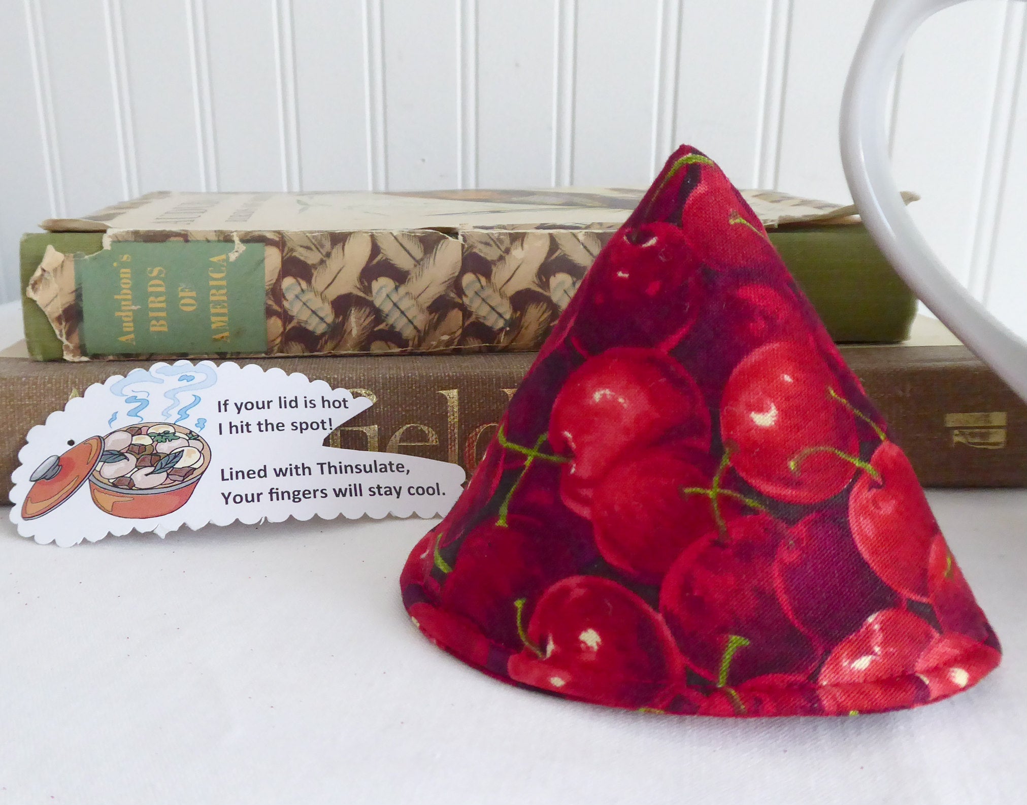 Red Cherries Knob Holder - Teapot Lid Holder with Soft Padded Interior & Exterior - Perfect for Kitchen, Tea Parties, and Gift Giving