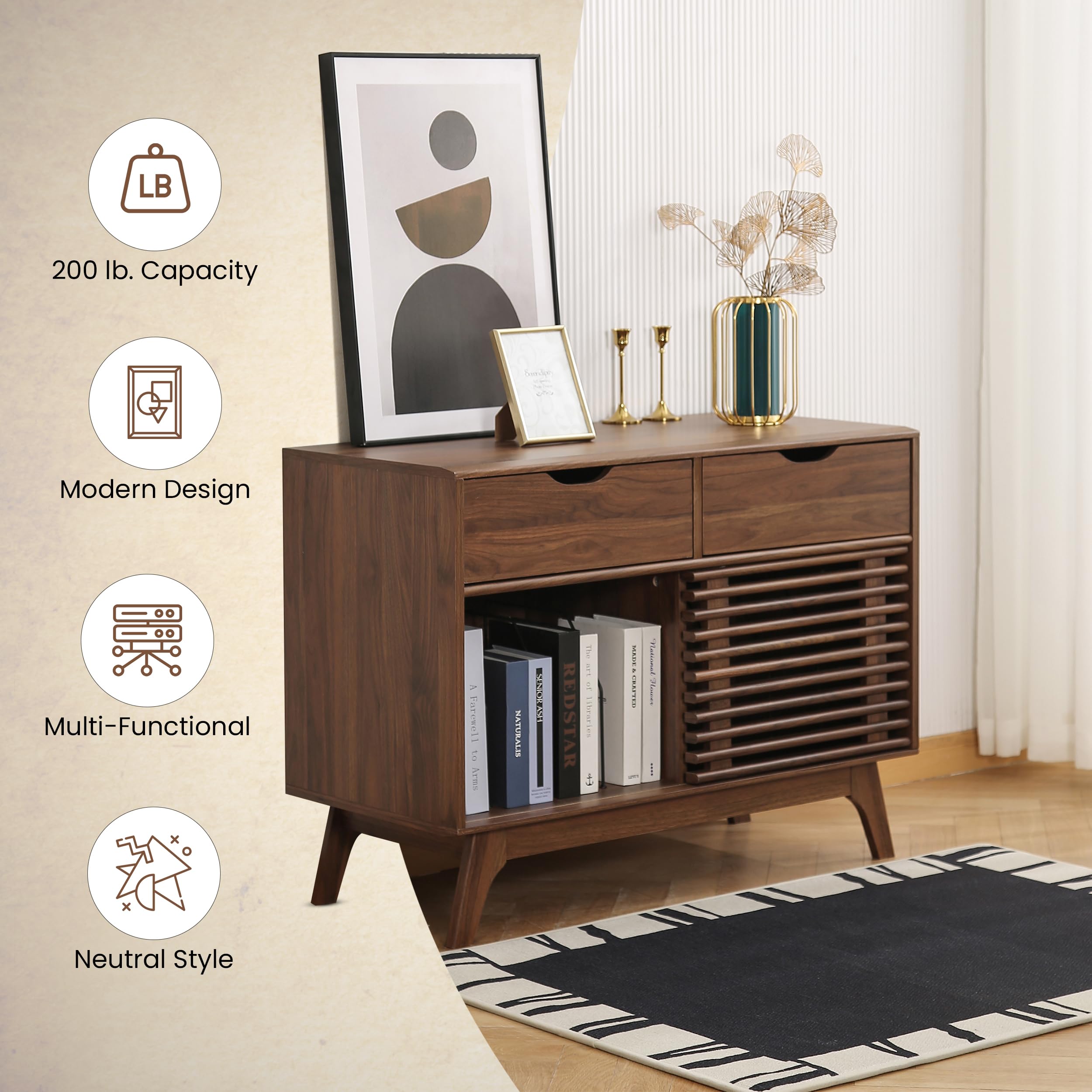 Houseables Mid Century Modern Record Player Cabinet - Vinyl Record Storage & Console Table for Living Room, Home Theater & Music Room Decor