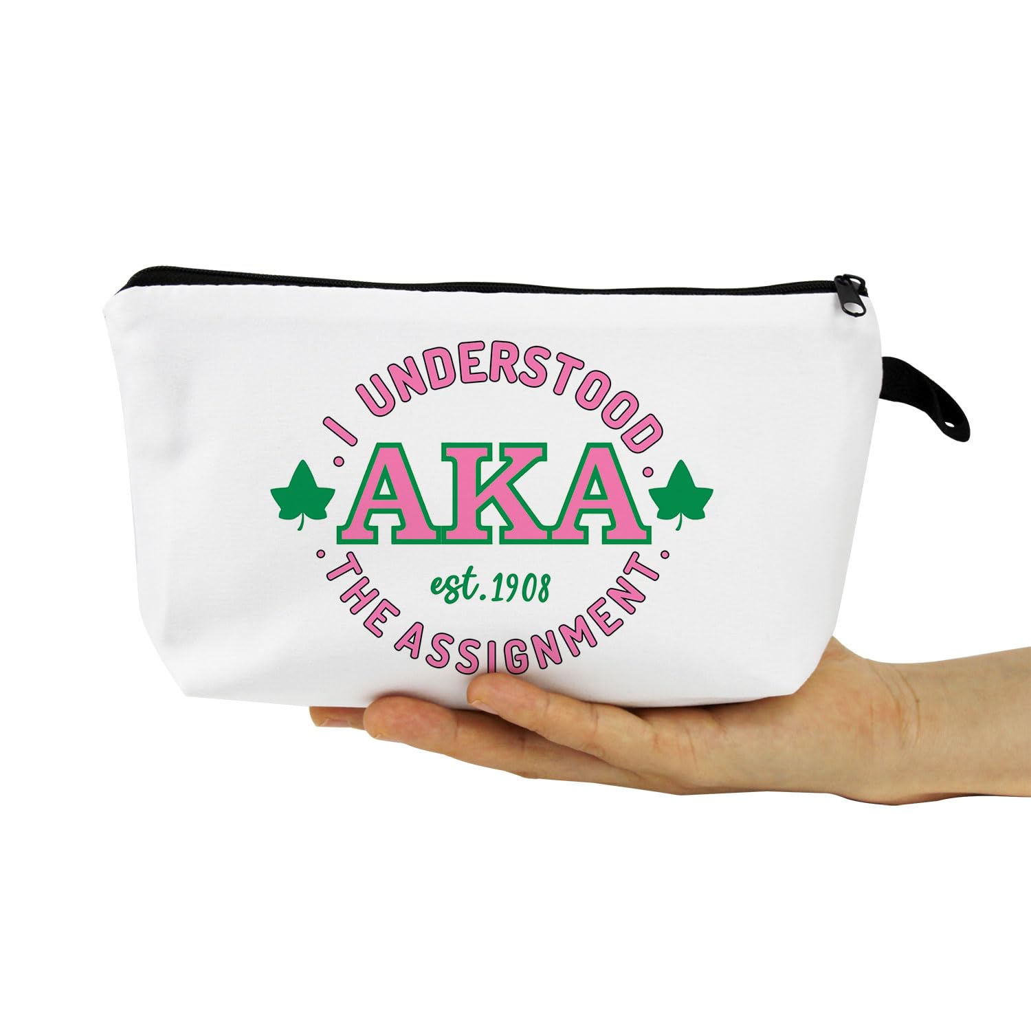 AKA Sorority Gifts - Pink & Green Greek Letter Makeup Bag, Cosmetic Toiletry Zipper Pouch for Sisters & Women - Perfect for College, Travel, and Sorority Events