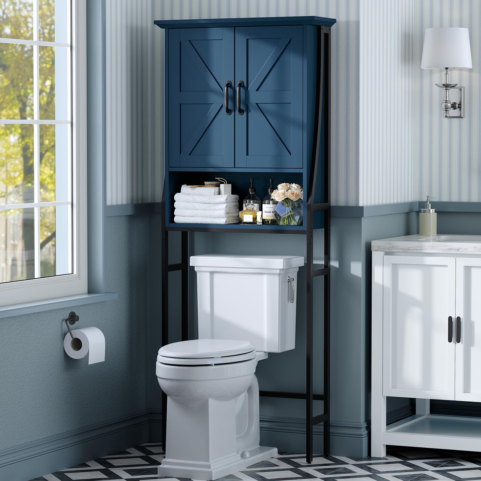 Over The Toilet Storage Cabinet with Doors - Space Saving Bathroom Organizer Rack for Above Toilet Storage, White (Ultramarine) - Perfect for Small Bathrooms, Apartments & Powder Rooms to Maximize Space & Organization
