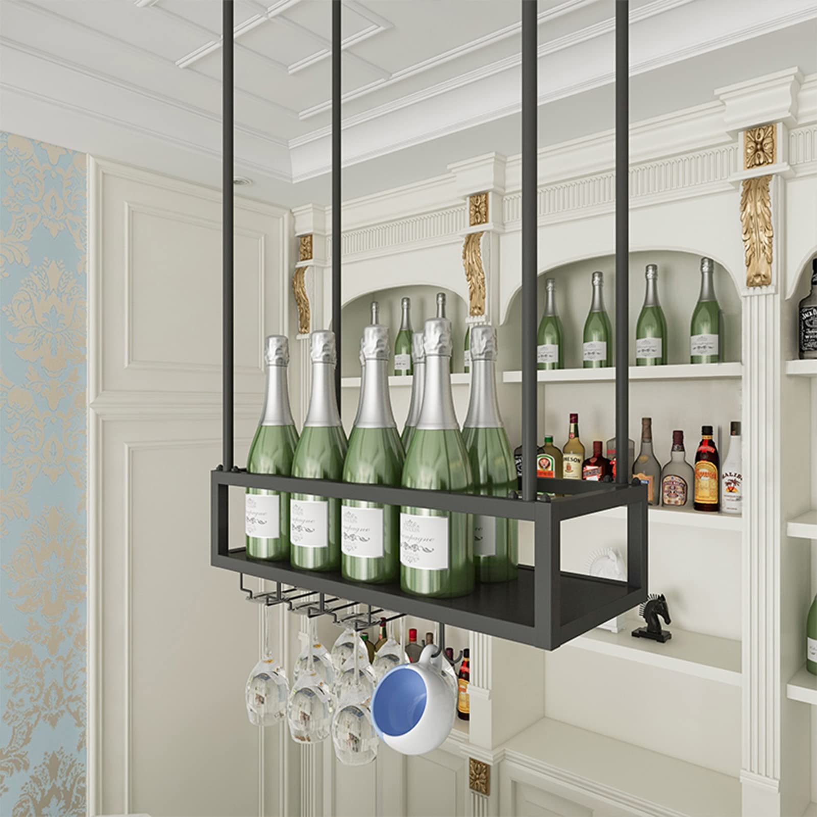 SKOAJAS Ceiling Hanging Wine Rack - Metal Wine Bottle & Stemware Holder with Decorative Shelf - Under Cabinet Storage for Kitchen, Bar, Dining Room - Perfect for Wine Glass Organization & Home Decor (140x2 Size)