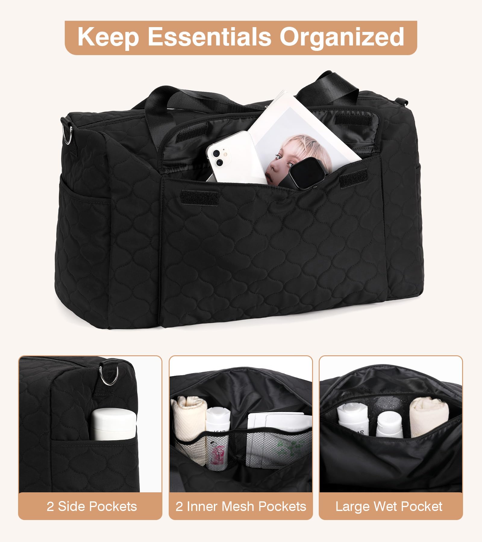 Marvolia Women's Travel Duffle Bag - Large Weekender Overnight Bag with Wet Pocket for Gym, Hospital, Labor & Delivery - Perfect Carry-On for Air Travel, Weekend Getaways & Workouts - Black