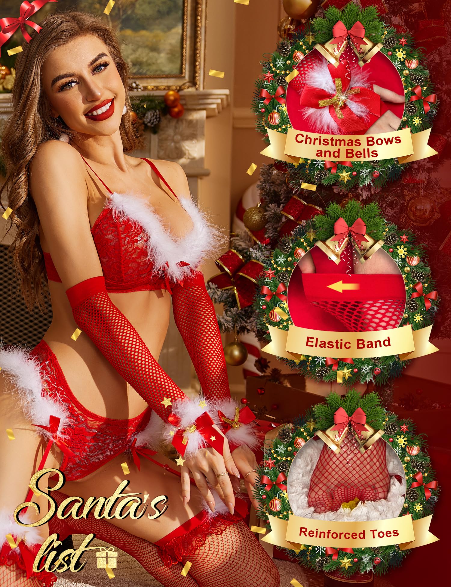 RSLOVE Women's Sexy Christmas Fishnet Thigh High Stockings & Santa Fingerless Gloves with Bell - Red Holiday Costume Accessories for Xmas Parties, Cosplay & Festive Outfits