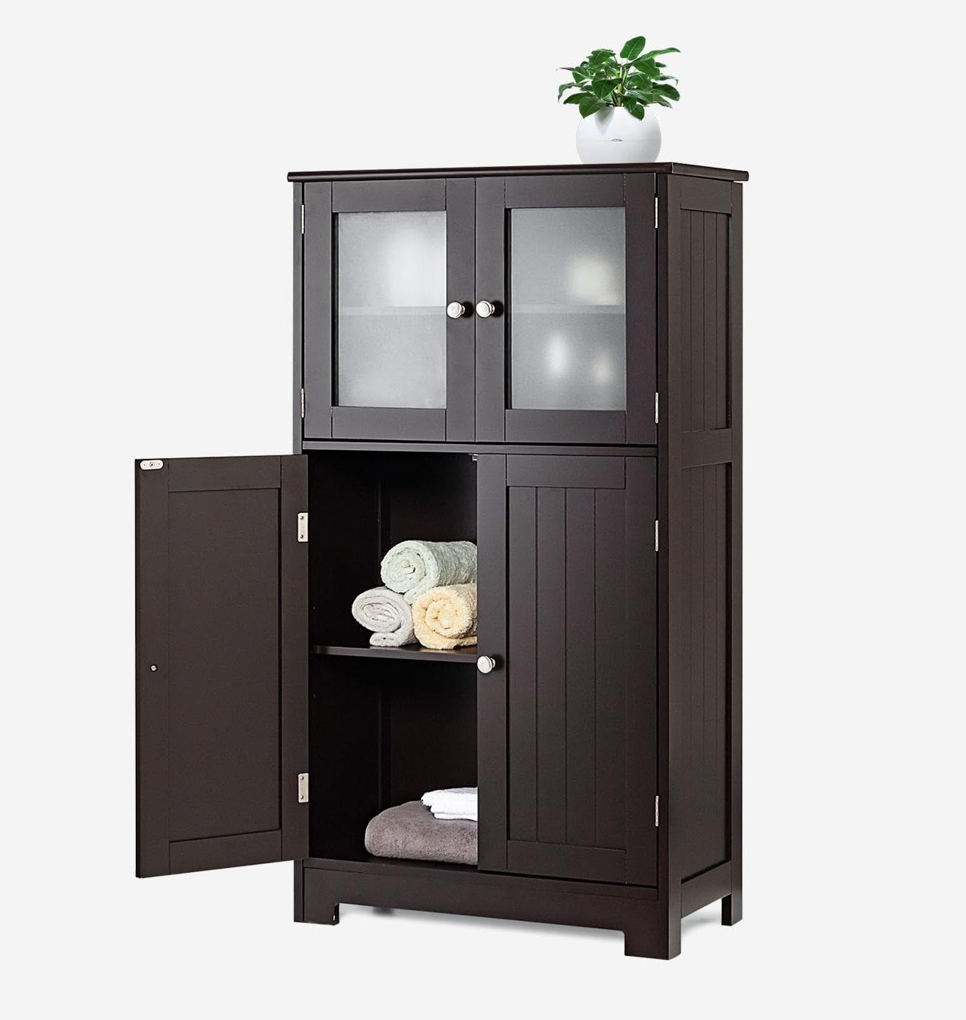 MAT EXPERT Bathroom Storage Cabinet - Freestanding Wooden Floor Cabinet with Frosted Tempered Glass Doors & 3 Adjustable Shelves - Perfect for Bathroom, Kitchen, Entryway, Living Room Organization (Brown) - Ideal for Small Space Storage and Home Decor