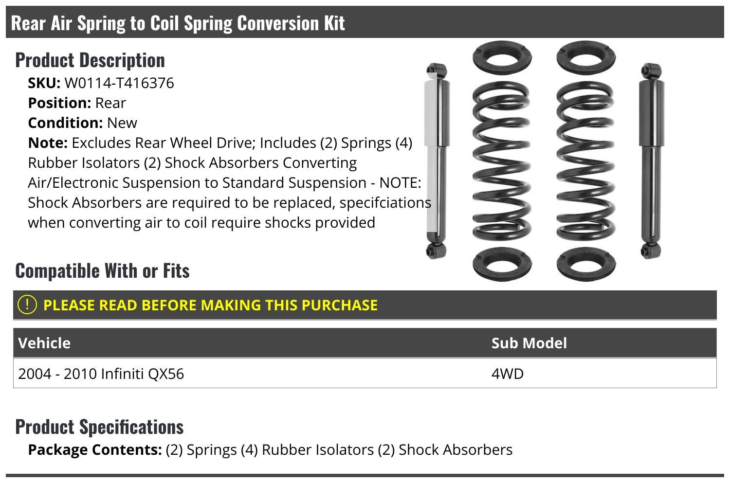 Rear Air Spring to Coil Spring Conversion Kit - 8 Piece Set for 2004-2010 Infiniti QX56 4WD - Improve Ride Comfort & Stability - Perfect for Off-Roading & Heavy Loads