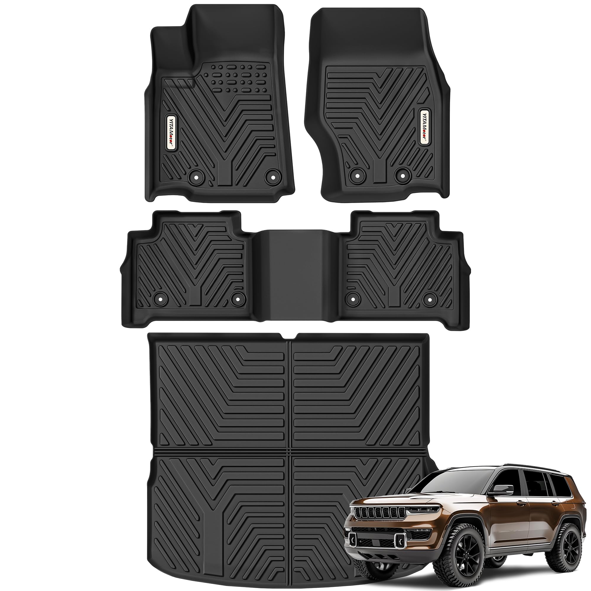 YITAMOTOR Custom Fit TPE All-Weather Floor Mats & Cargo Liners for 2022-2025 Jeep Grand Cherokee (Including 4xe, Excludes L/WK Models) - 1st & 2nd Row + Trunk Protection - Black - Perfect for Off-Roading, Daily Commutes & Family Road Trips