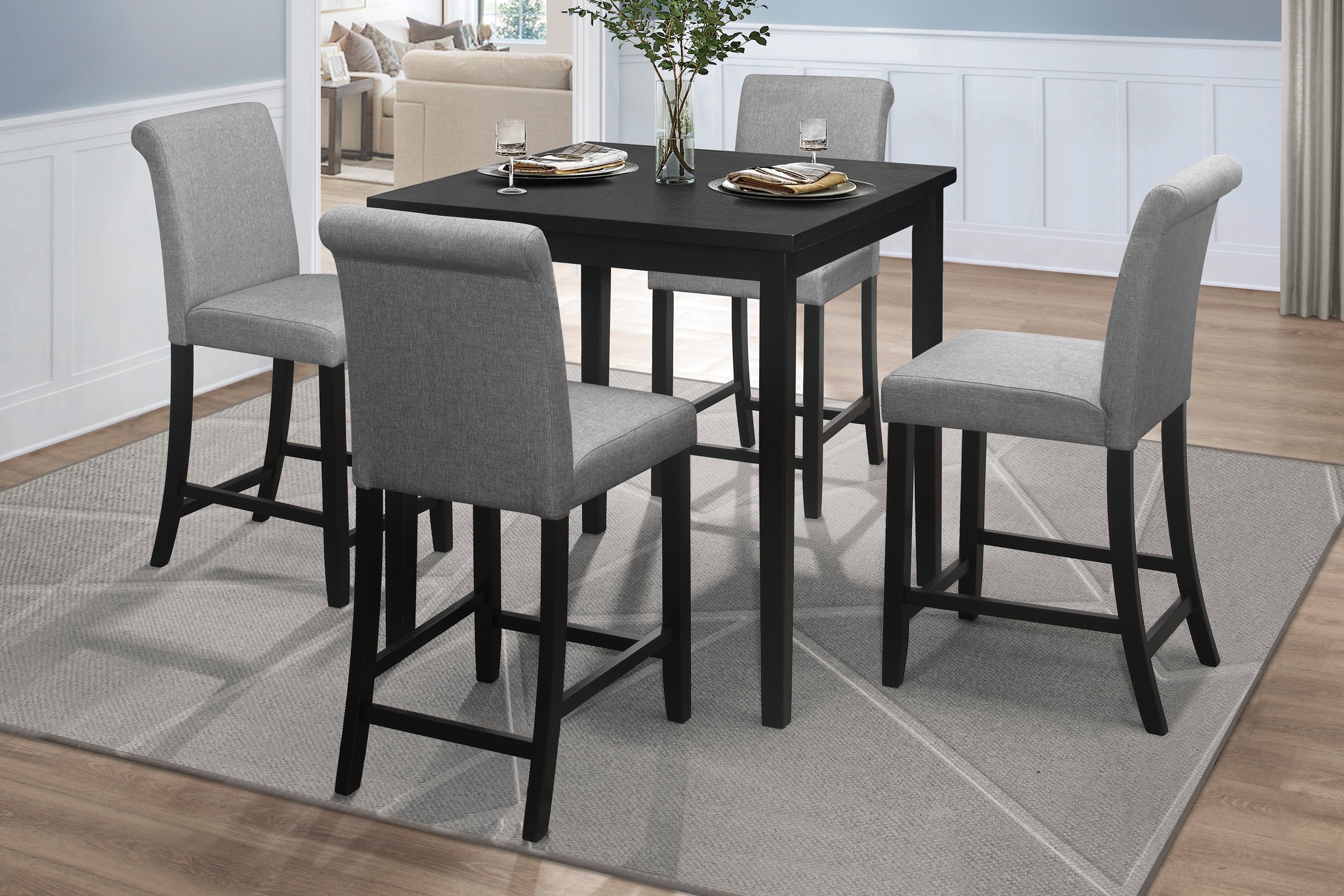 2-Pack Black Counter Height Chairs with Gray Upholstered Seat & Back - Transitional Wooden Bar Stools for Kitchen, Dining Room, and Breakfast Nook