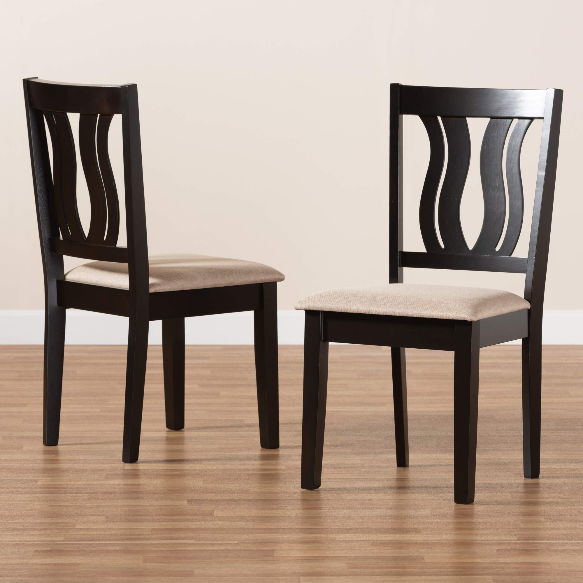 Baxton Studio Fenton Dining Chair Set - 2-Piece Upholstered Sand Fabric Chairs with Dark Brown Wood Finish | Modern Kitchen & Dining Room Furniture for Home Decor