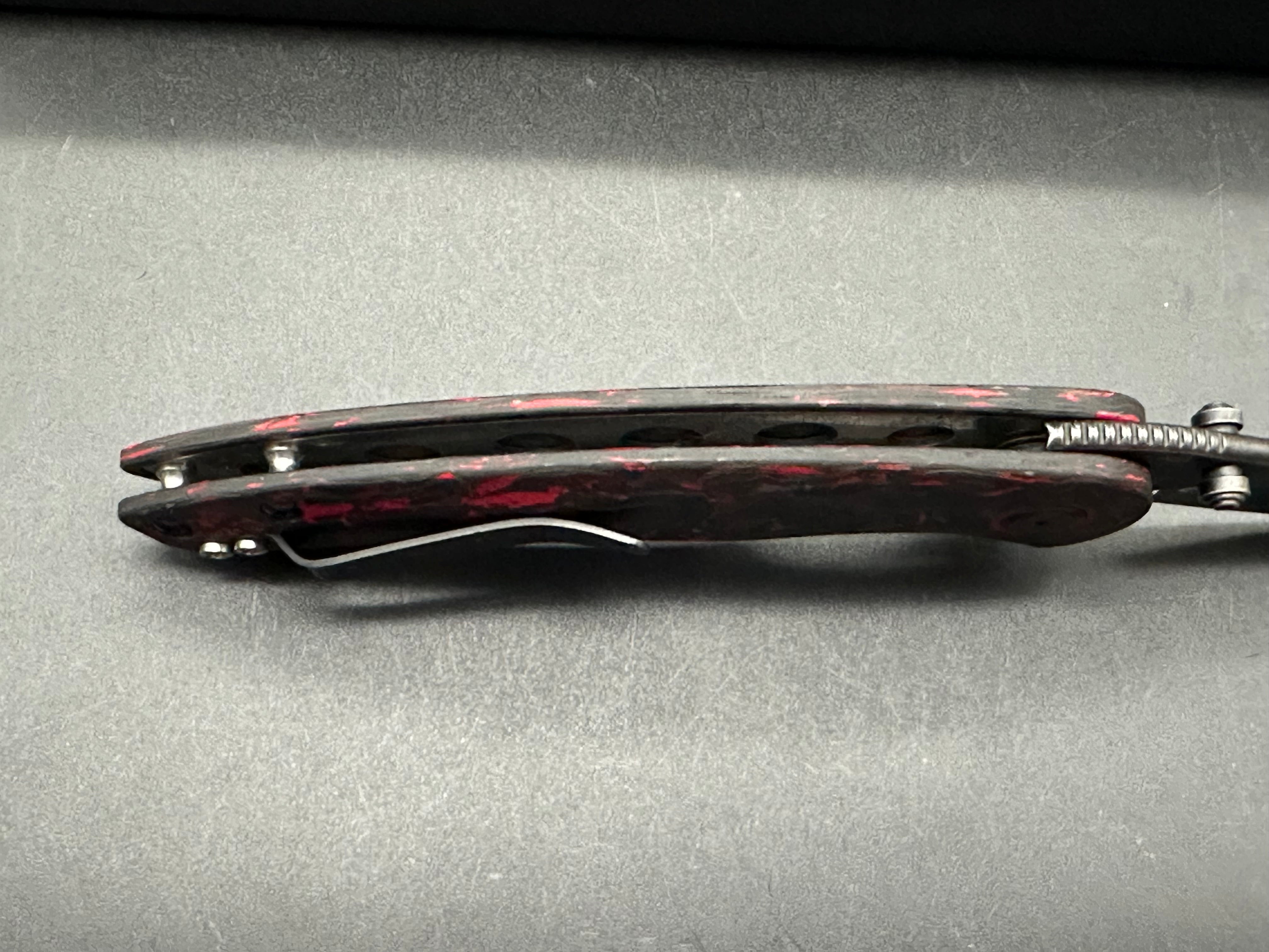 Premium Red Horse Hell Razor P Series Folding Knife - Black/Red Marbled Carbon Fiber Handle & Black Stonewash Blade - Ideal for Outdoor Camping, Hunting, and EDC Survival Gear
