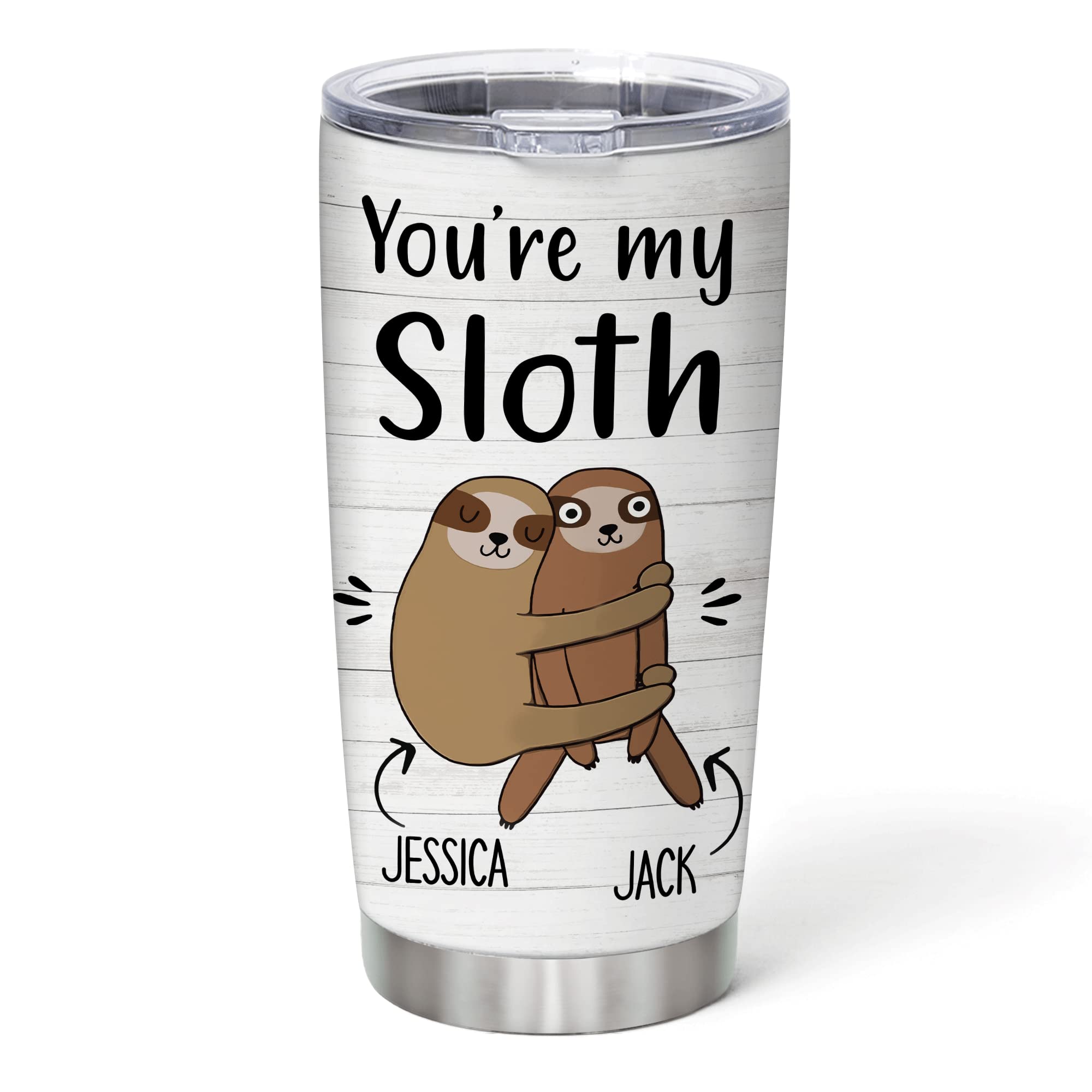 Custom Personalized Sloth Lovers Stainless Steel Tumbler 20oz with Lid - Engraved Couple Name Gift for Him & Her - Perfect Birthday, Christmas Present for Animal Lovers - Great for Coffee, Tea & Daily Use at Home, Office or Travel