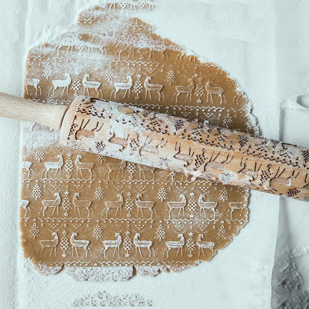 Christmas Embossed Rolling Pin for Baking Cookies - Wooden Engraved Springerle Roller with Reindeer & Tree Design - Perfect for Holiday Cookies, Clay Pottery, and DIY Ceramic Crafts - Great Gift for Bakers and Women