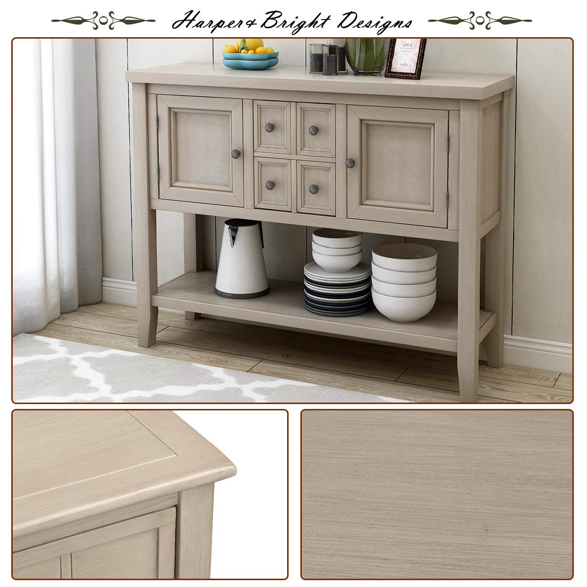 Modern Antique Gray Sideboard Console Table with 4 Drawers, 2 Cabinets & Bottom Shelf - Entryway Buffet, Sofa Table & Living Room Storage Solution