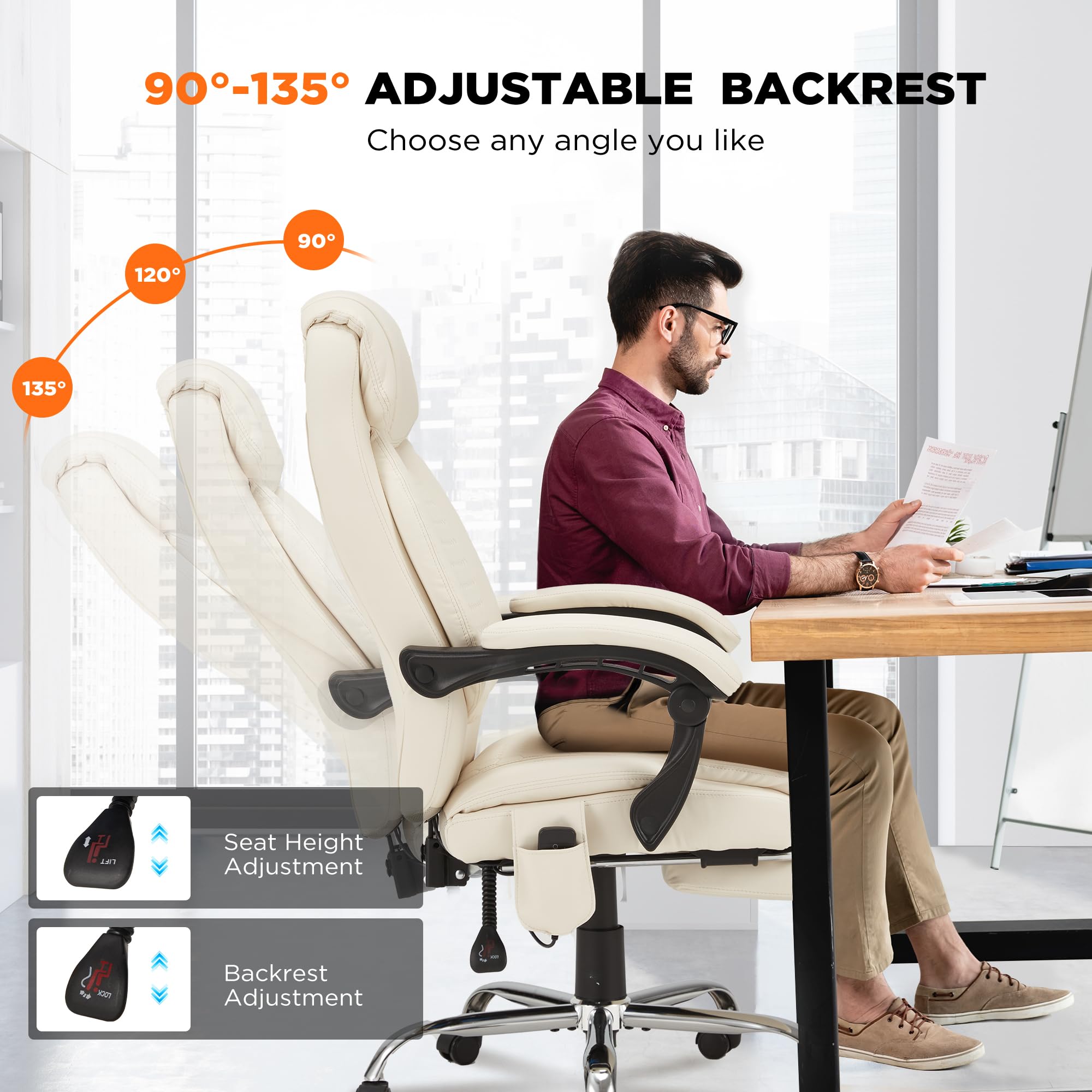 HOMREST Ergonomic Reclining Office Chair with 4-Point Massage & Heating - Adjustable Executive Chair with Retractable Footrest - Comfortable Computer Desk Chair for Home Office, Gaming & Work - Beige
