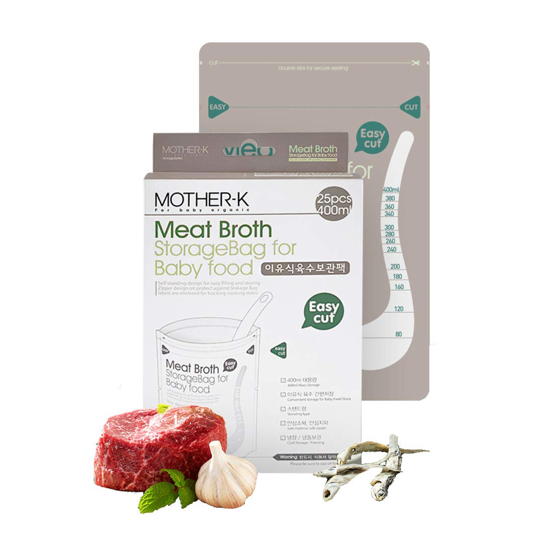 MOTHER-K Disposable Meat Broth Storage Bags - 13oz Double Zipper Seal Freezer Bags (25 Count) - Leakproof, Microwave & Boil Safe, Self-Standing Food Storage Bags for Soups, Stews, Meal Prep & Leftovers
