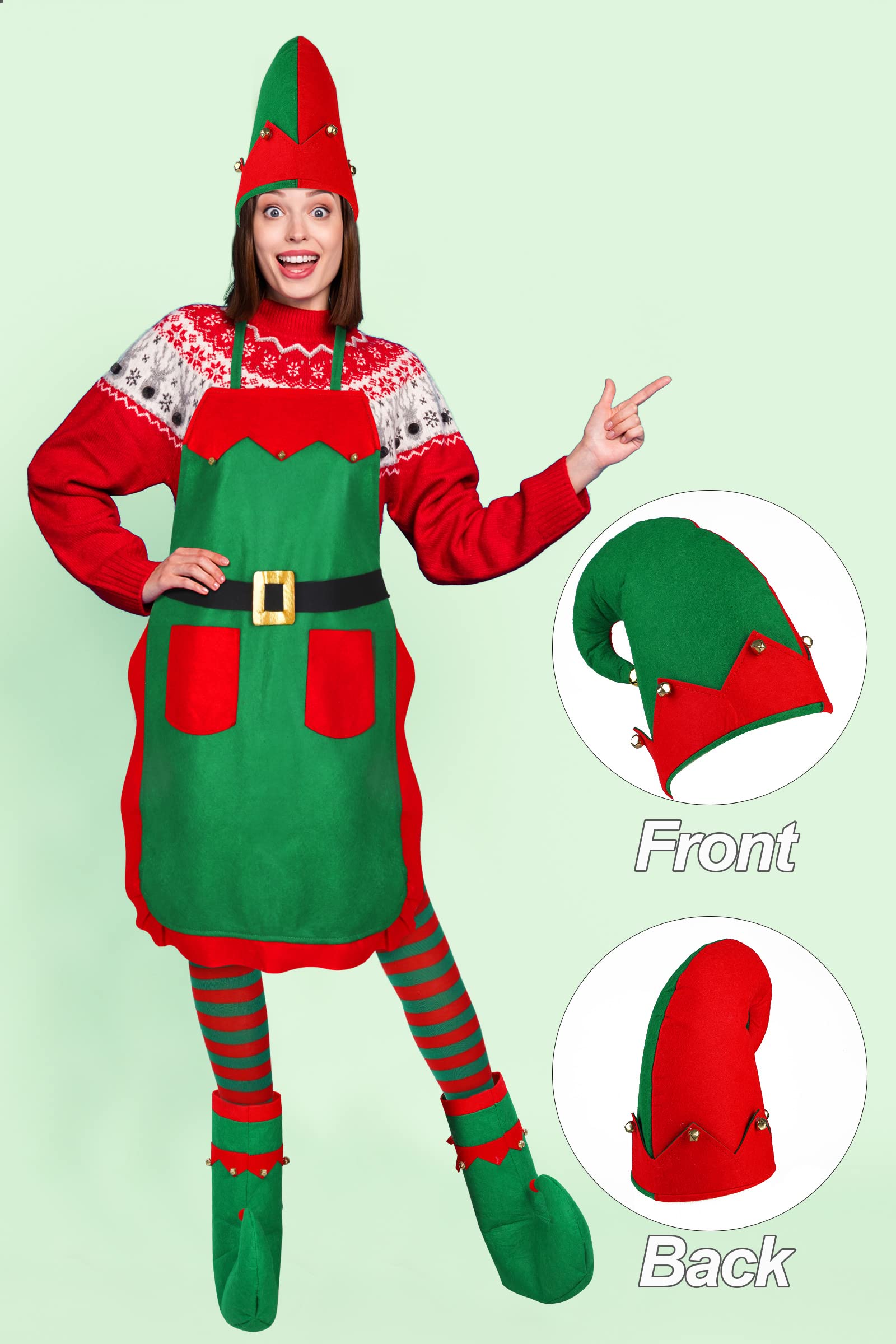 Hiwooii Christmas Adult Elf Costume Set - Santa's Helper Outfit with Apron, Hat, Jingle Bells, Shoes & Stockings | Perfect for Holiday Parties, Cosplay & Festive Events
