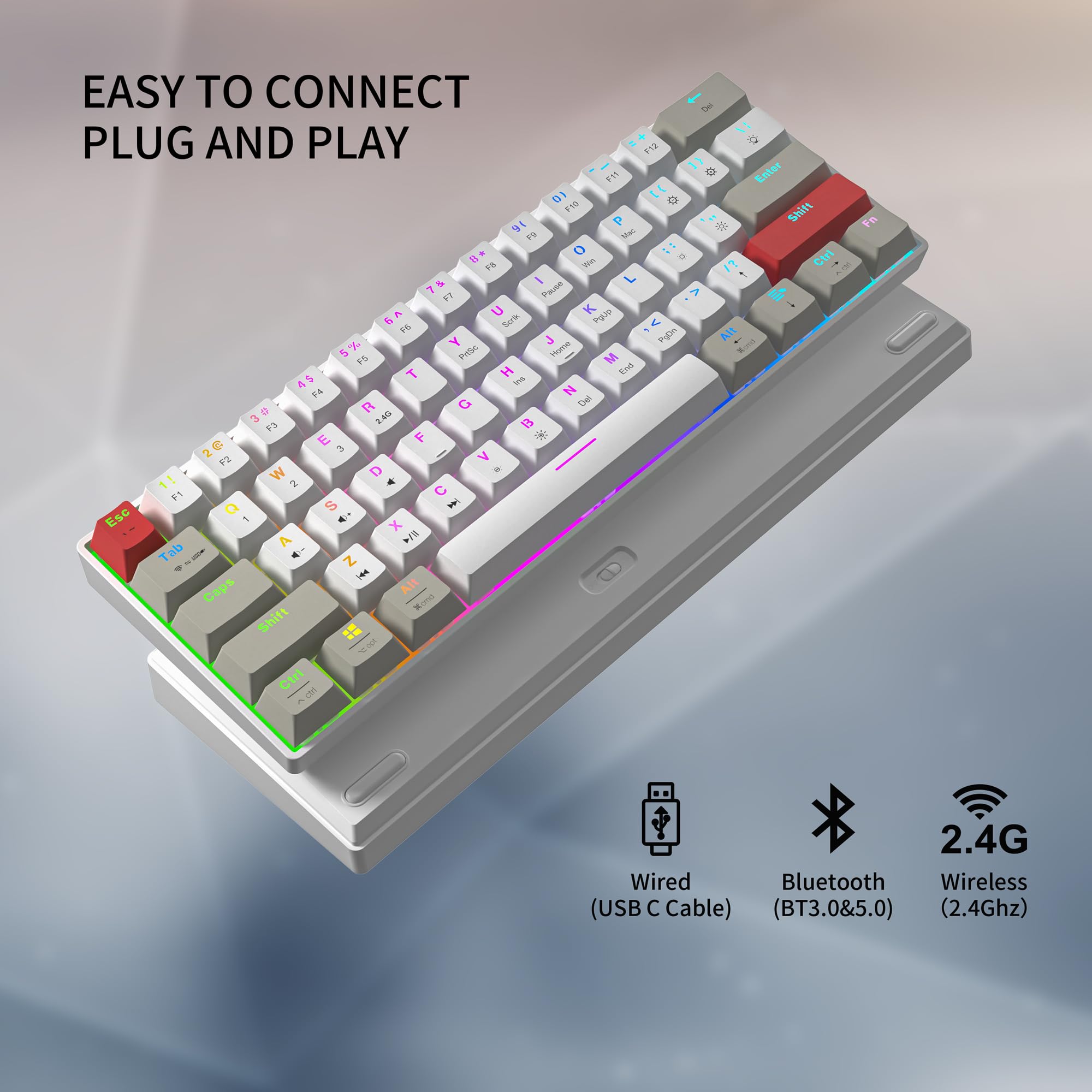 Newmen GM610 60% Wireless Mechanical Gaming Keyboard - Wired/Bluetooth/2.4G RGB Backlit, 61-Key Anti-Ghosting, Programmable & Hot-Swappable for PC, Windows, Mac, Laptop (Linear Red Switch) - Perfect for Esports, Office Work & Home Computing