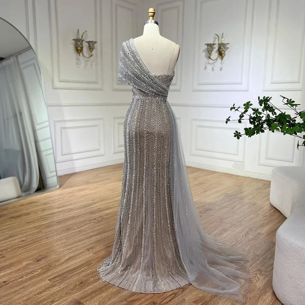 Elegant Green Mermaid One Shoulder Beaded Evening Gown for Women - High Slit Formal Dress for Wedding, Party & Special Occasions | Perfect for Prom, Red Carpet & Cocktail Events