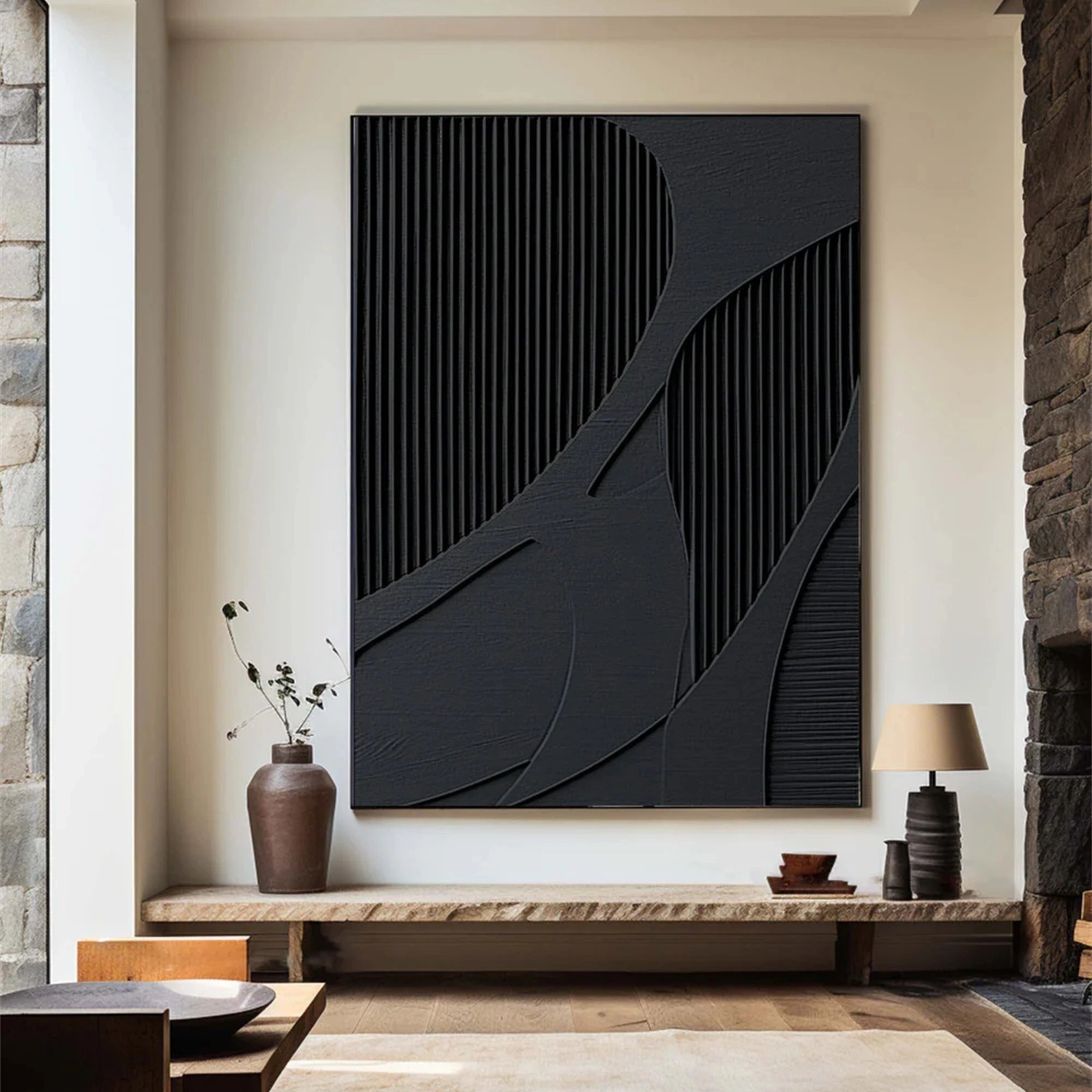 Black Plaster Art Minimalist Textured Painting - Modern Abstract Wall Decor for Living Room, Bedroom & Office | #MZ034