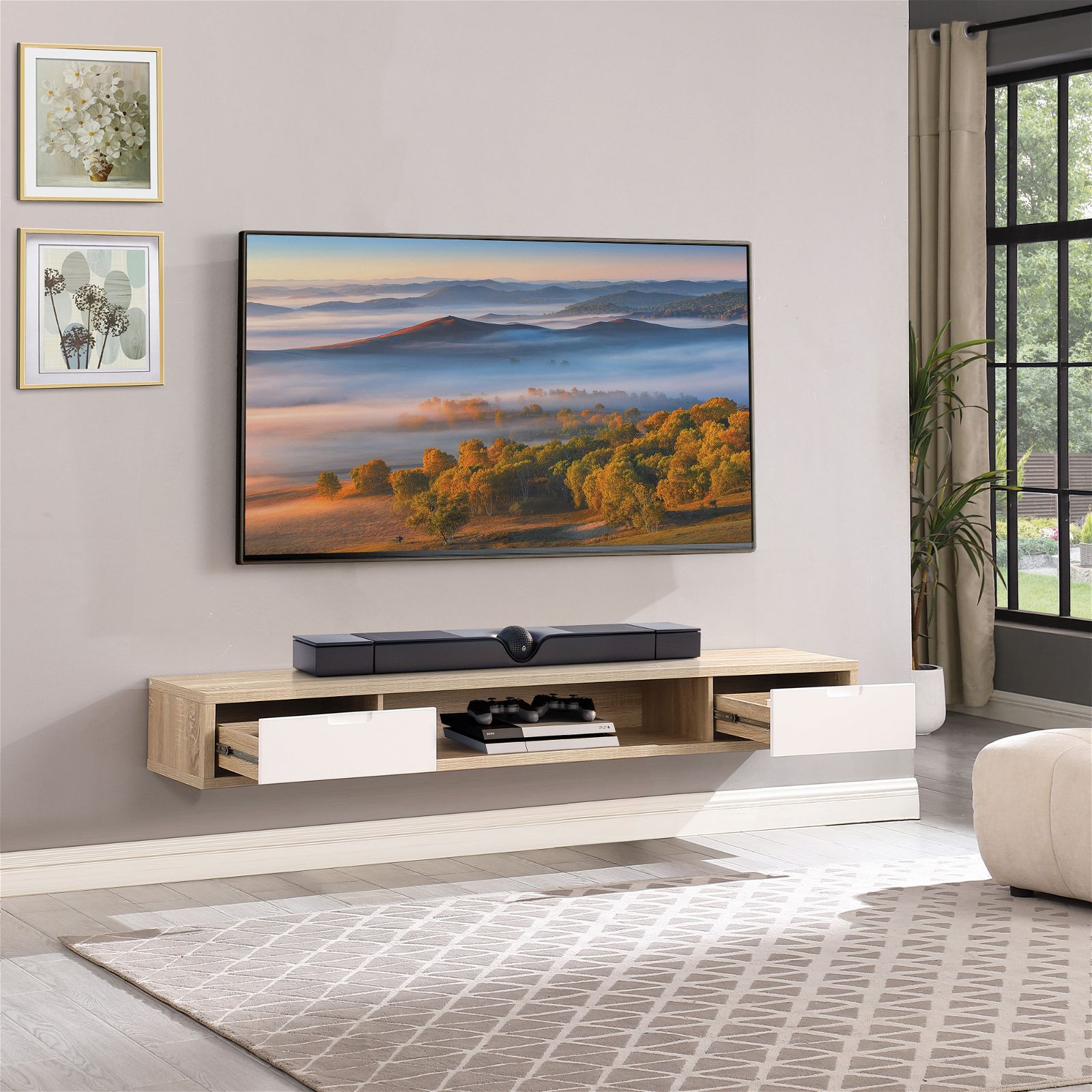 Modern Oak Wall Mount TV Stand - 2000mm Wide Entertainment Center with Storage Shelves | Perfect for Living Room, Bedroom & Home Theater Setup