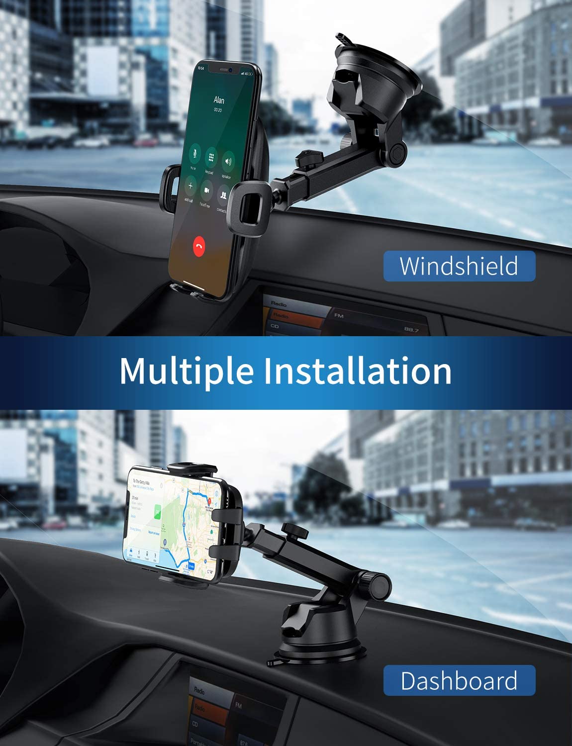 MPOW CA104A Universal Car Phone Holder Mount - Dashboard & Windshield Compatible for iPhone, Samsung, Google Pixel - Hands-Free Driving Accessory for Safe Navigation & GPS Use