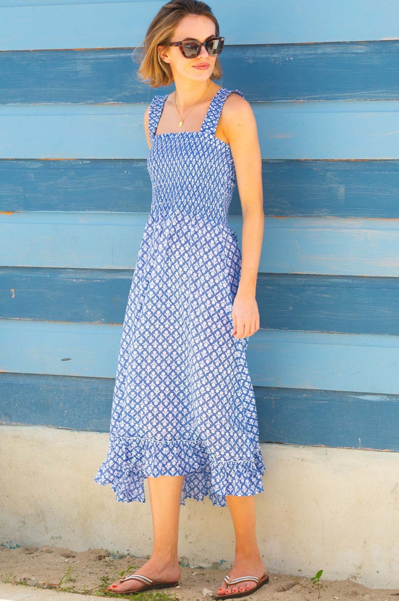 Rhianna Organic Cotton Dress with Floral Print - Cornflower Blue & White | Summer Casual Wear, Beach Outfit, Boho Style Fashion