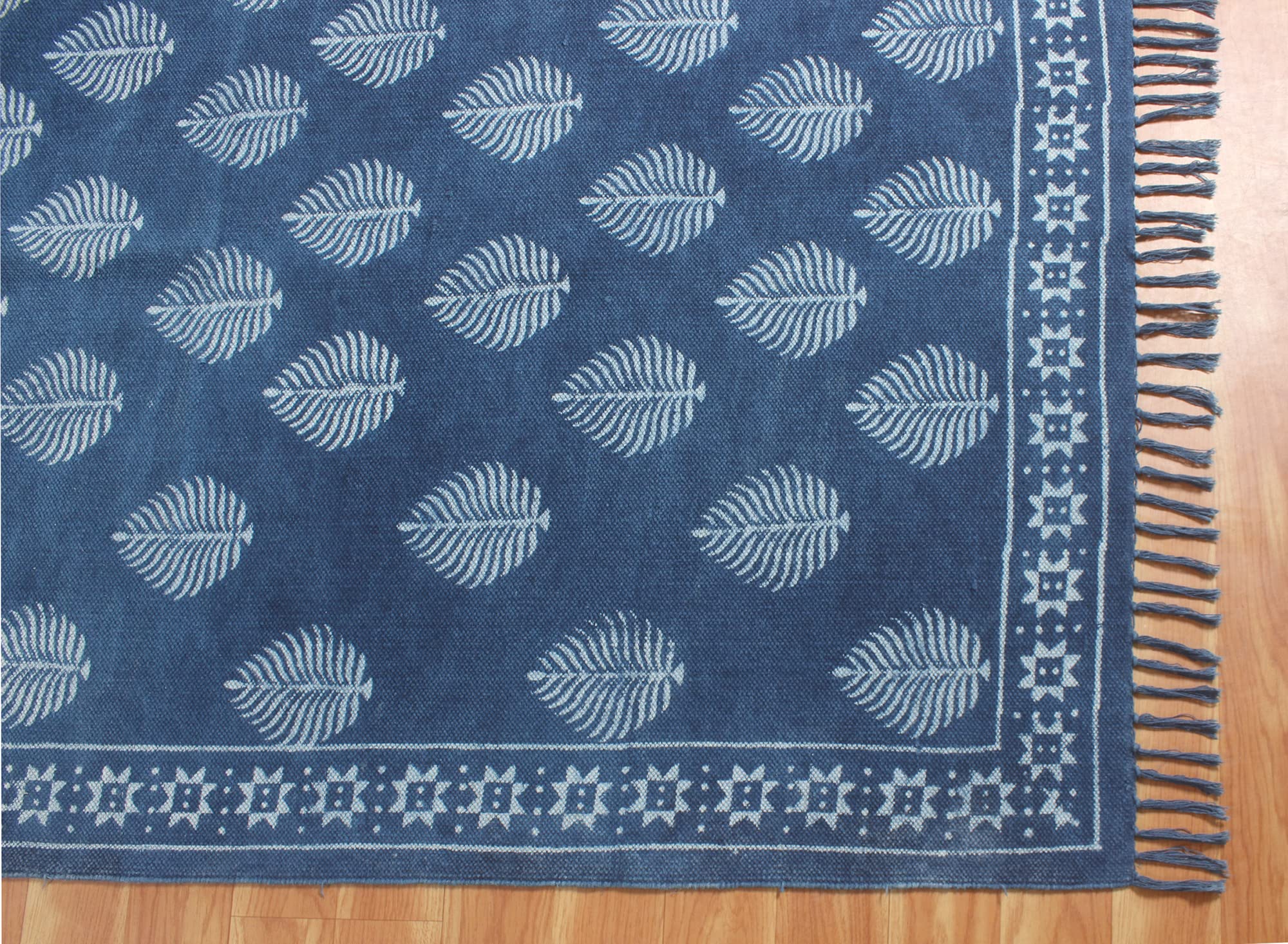 Hand Woven Pure Cotton Area Rug - Indigo Blue Floral Design with Tassels, Reversible Runner Rug (4x15 Feet) for Living Room, Bedroom, Laundry & Bathroom Floor Decor