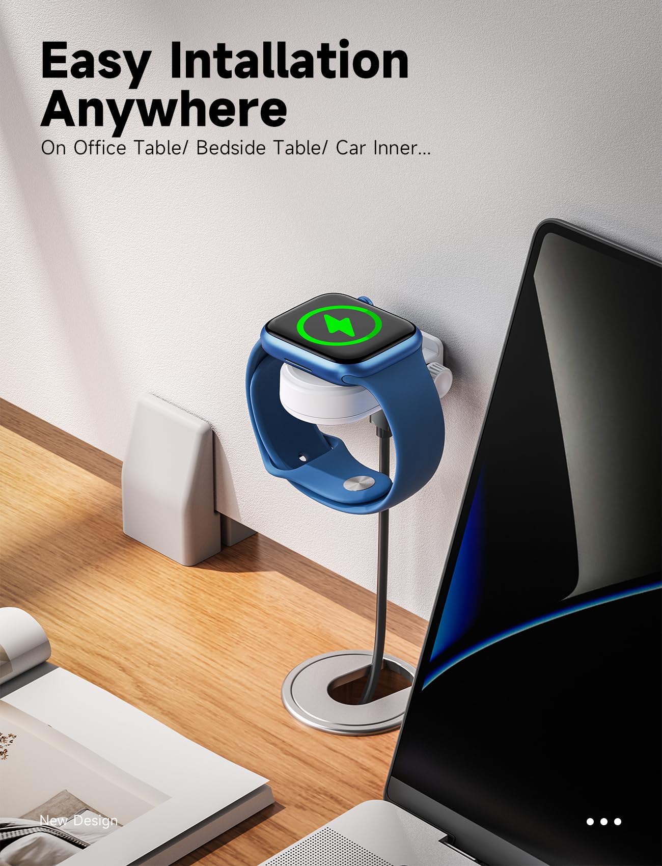 Apple Watch Charger Stand with Built-in Magnetic Charger - Adjustable Car Mount Dock for iWatch Series 8/7/6/5/4/3/2/1 - Secure Adhesive Stand for Nightstand, Office & Car Charging (White)