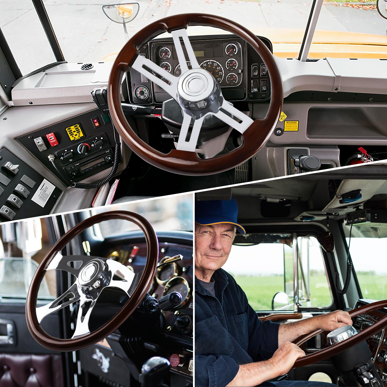 18 Inch Wood and Aluminum Chrome Plated Truck Steering Wheel - 4 Spoke Design for Semi Trailers & Heavy Duty Trucks - Perfect for Long Haul Driving & Custom Vehicle Upgrades
