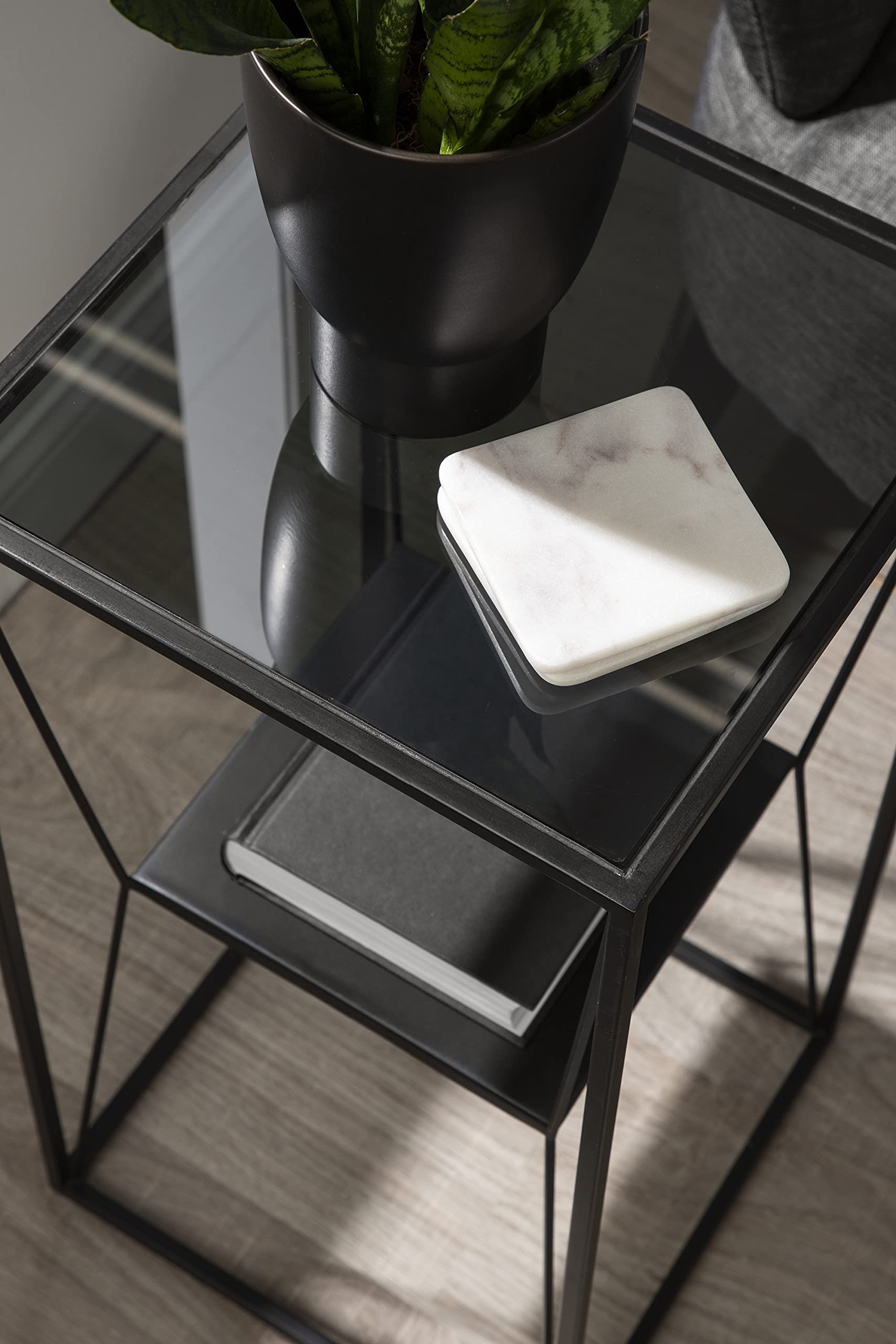 Kate & Laurel Knight Modern Square Glass Side Table - 12x12x24 Inches, Black Two-Tier Nightstand with Storage Shelf | Bedroom End Table, Living Room Accent Table, Dorm Decor