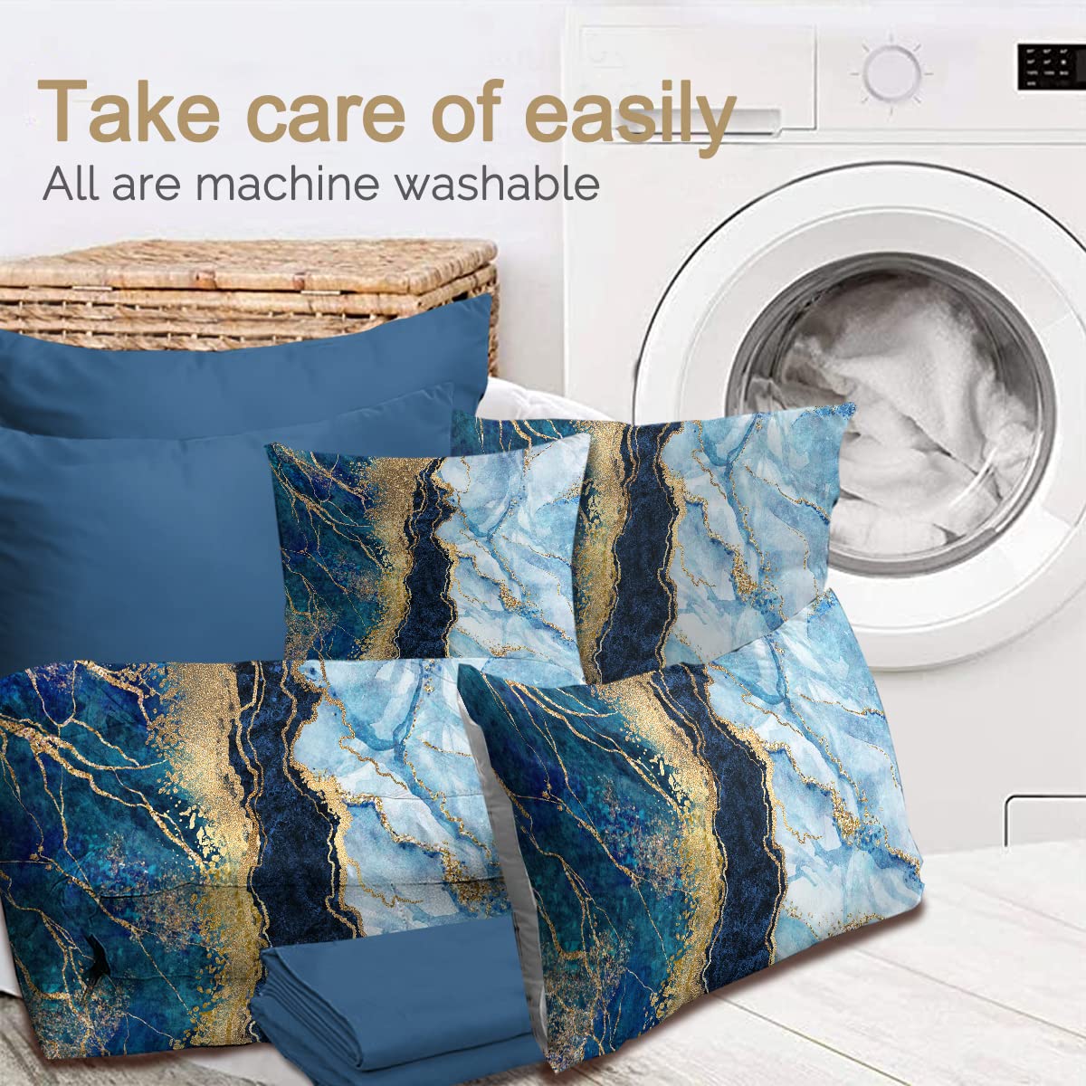 BlessLiving 8-Piece King Size Marble Bedding Set - Navy Blue & Gold Glitter Comforter with Pillowcases, Shams & Sheets - Modern Luxury Bed in A Bag - Perfect for Master Bedrooms, Guest Rooms & Hotel Style Decor