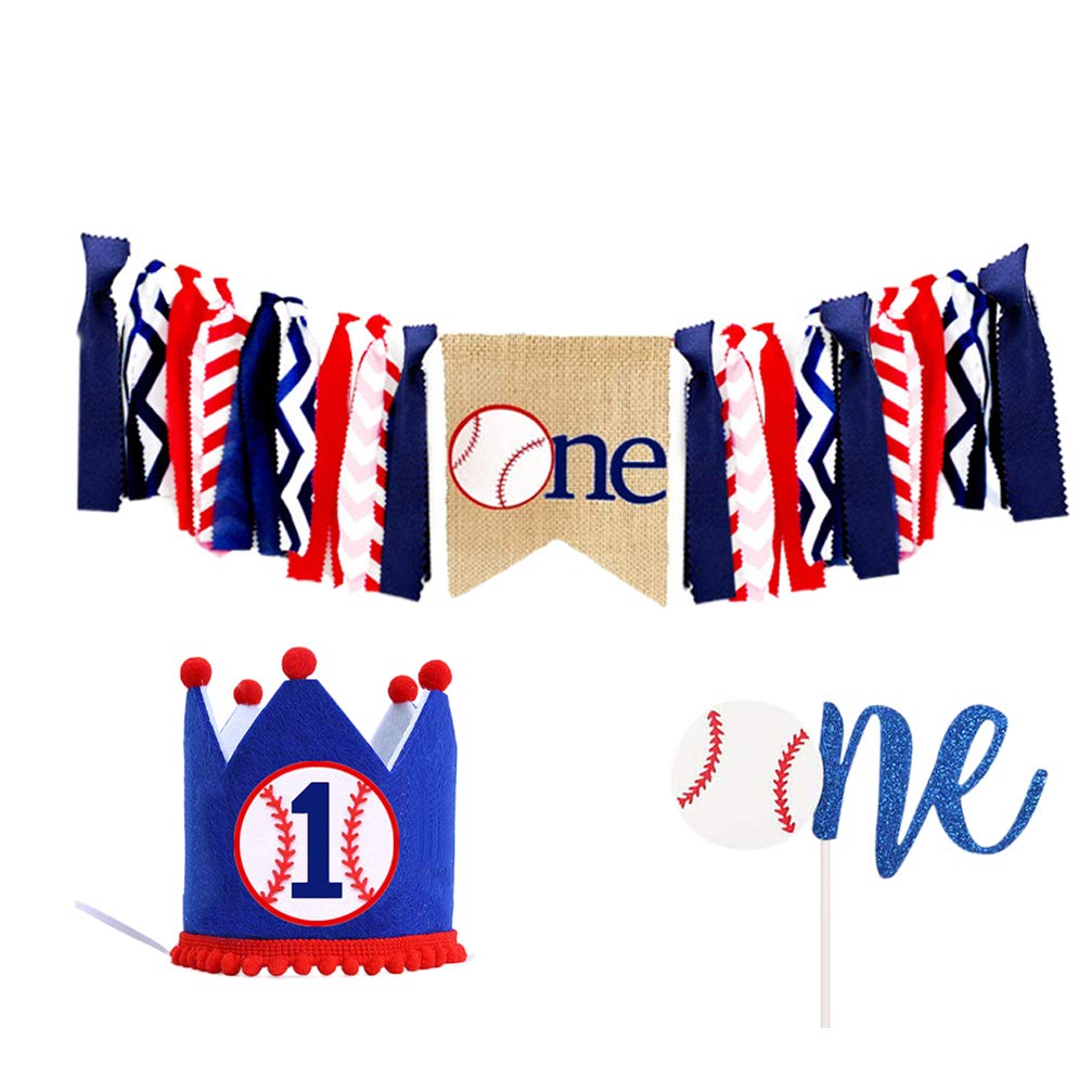 Amosfun 3-Piece Baseball Theme 1st Birthday Party Decor Set - Highchair Banner, Crown Hat & Cake Topper for Baby Boy's First Birthday Party Decorations - Perfect for Baseball-Themed Birthday Photos and Celebrations