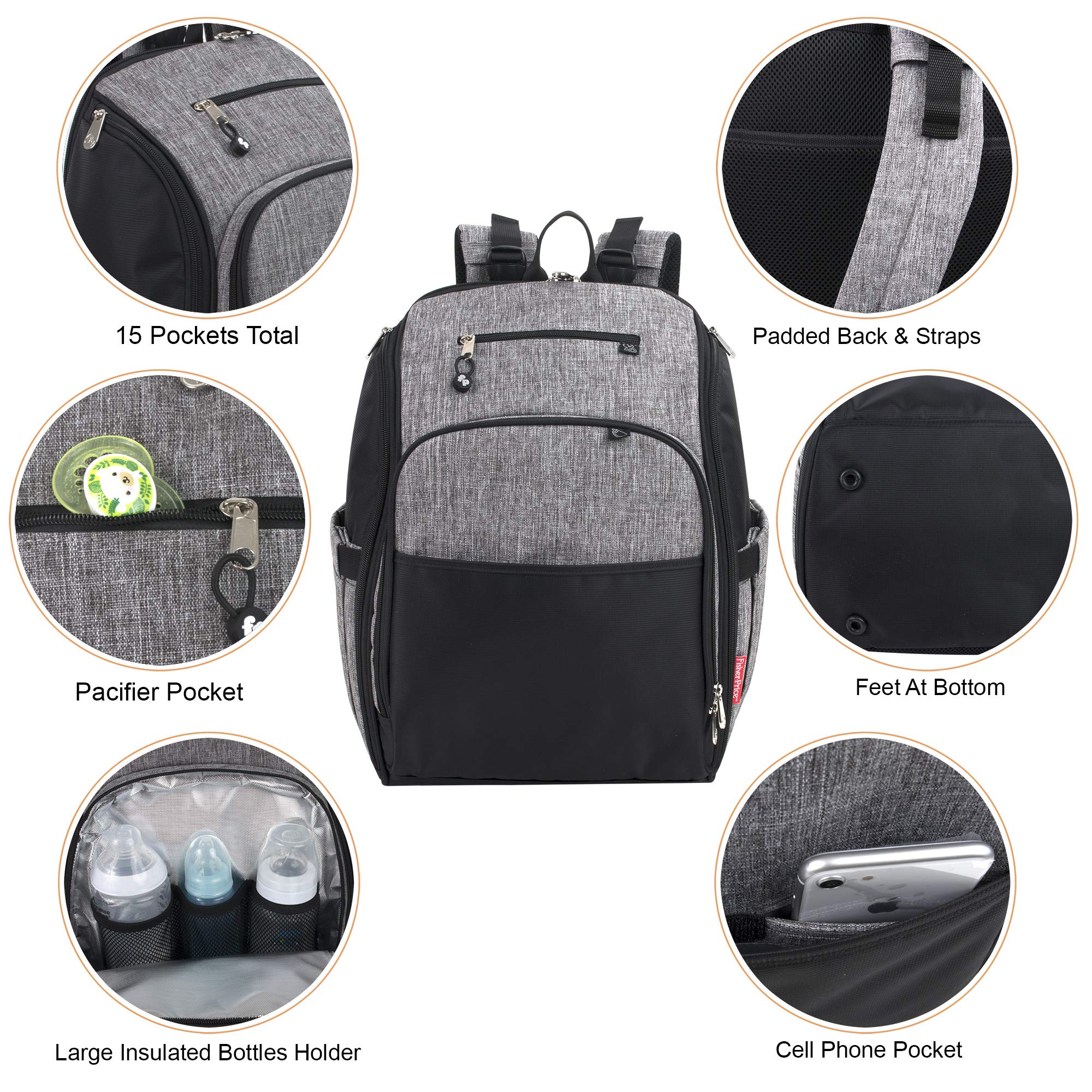 Fisher Price Diaper Bag Backpack with Changing Pad & Stroller Straps - Large Gray Baby Bag for Parents | Perfect for Travel, Daycare & On-the-Go Diaper Changes