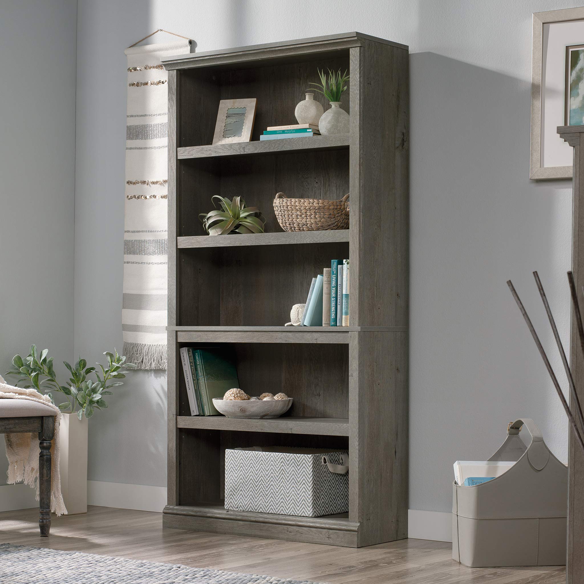 Sauder 5-Tier Wooden Bookcase - Multipurpose Bookshelf for Home Office, Living Room & Bedroom Storage - Mystic Oak Finish - Perfect for Organizing Books, Decor & Display Items
