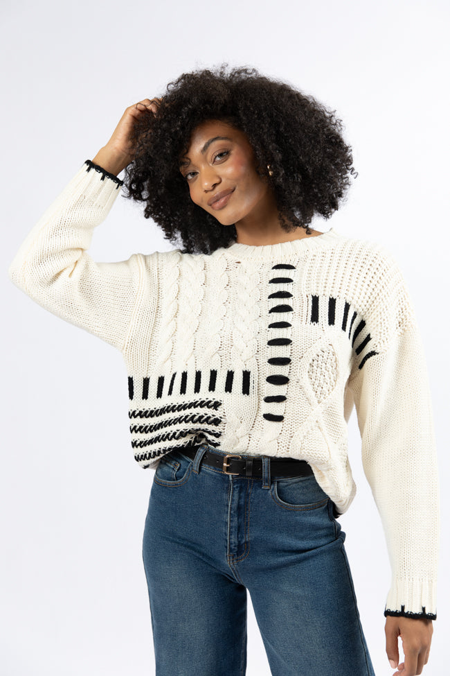 Ivory and Black Contrast Stitch Detail Sweater for Women - Cozy Knit Pullover with Unique Hand Stitching - Perfect for Fall Layering, Casual Outfits & Holiday Gatherings