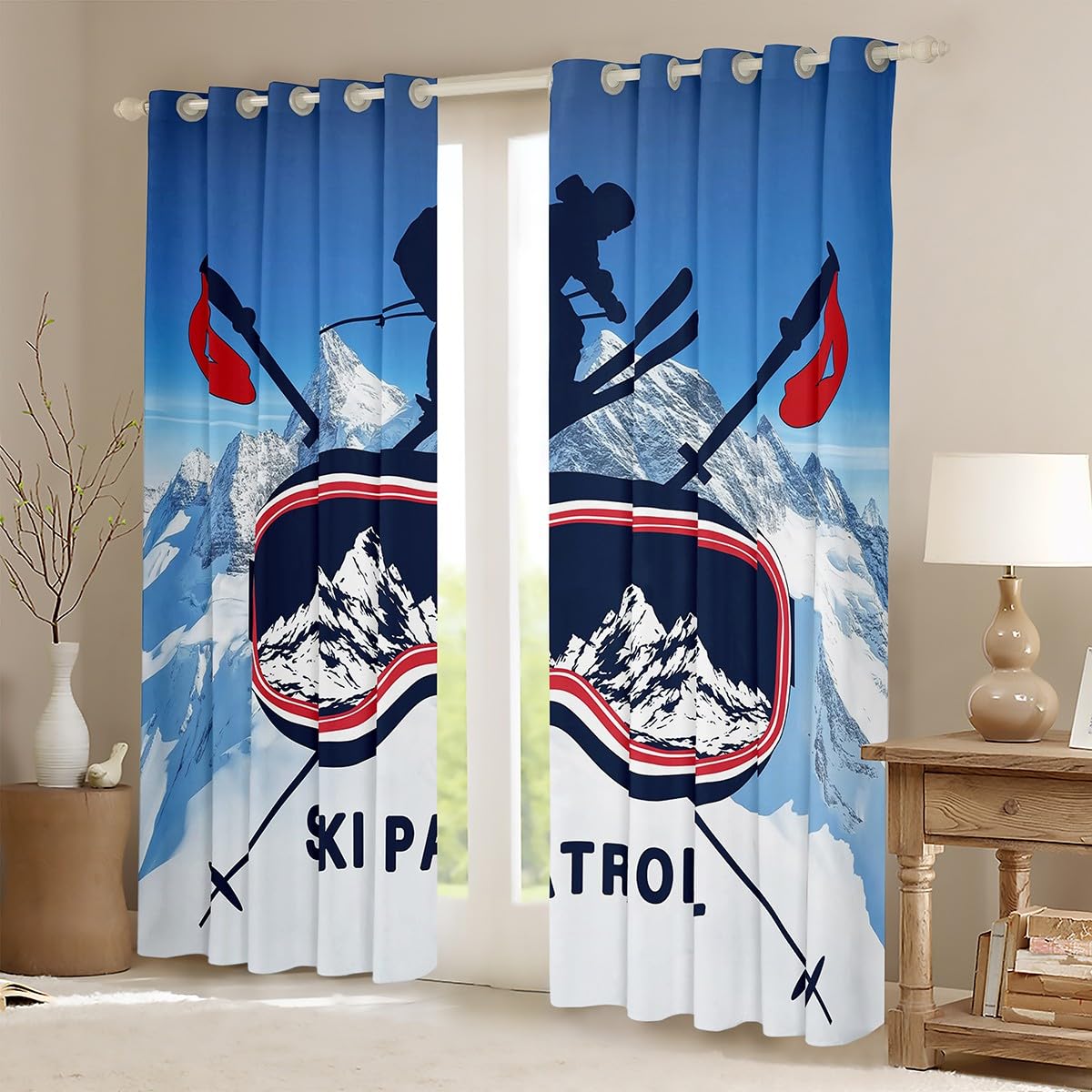 Erosebridal Winter Skiing Window Curtain Panels Set - 38x45 Inch Snow Mountain Design for Kids, Teens & Adults | Boys Girls Ski Sport Bedroom Decor | Thermal Insulated Blackout Drapes for Living Room, Nursery & Dorm