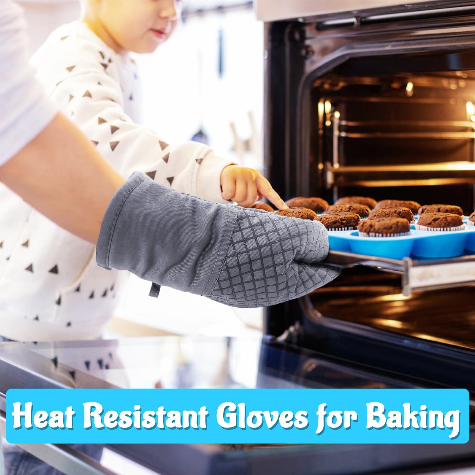4 Pcs Heat Resistant Oven Mitts & Pot Holders Set - 500°F High Temperature Protection with Non-Slip Silicone Grip, Thickened Long Cotton Kitchen Gloves for Baking, Cooking, Grilling & BBQ (Light Gray) - Perfect for Home Kitchen, Outdoor Camping & Holiday Cooking