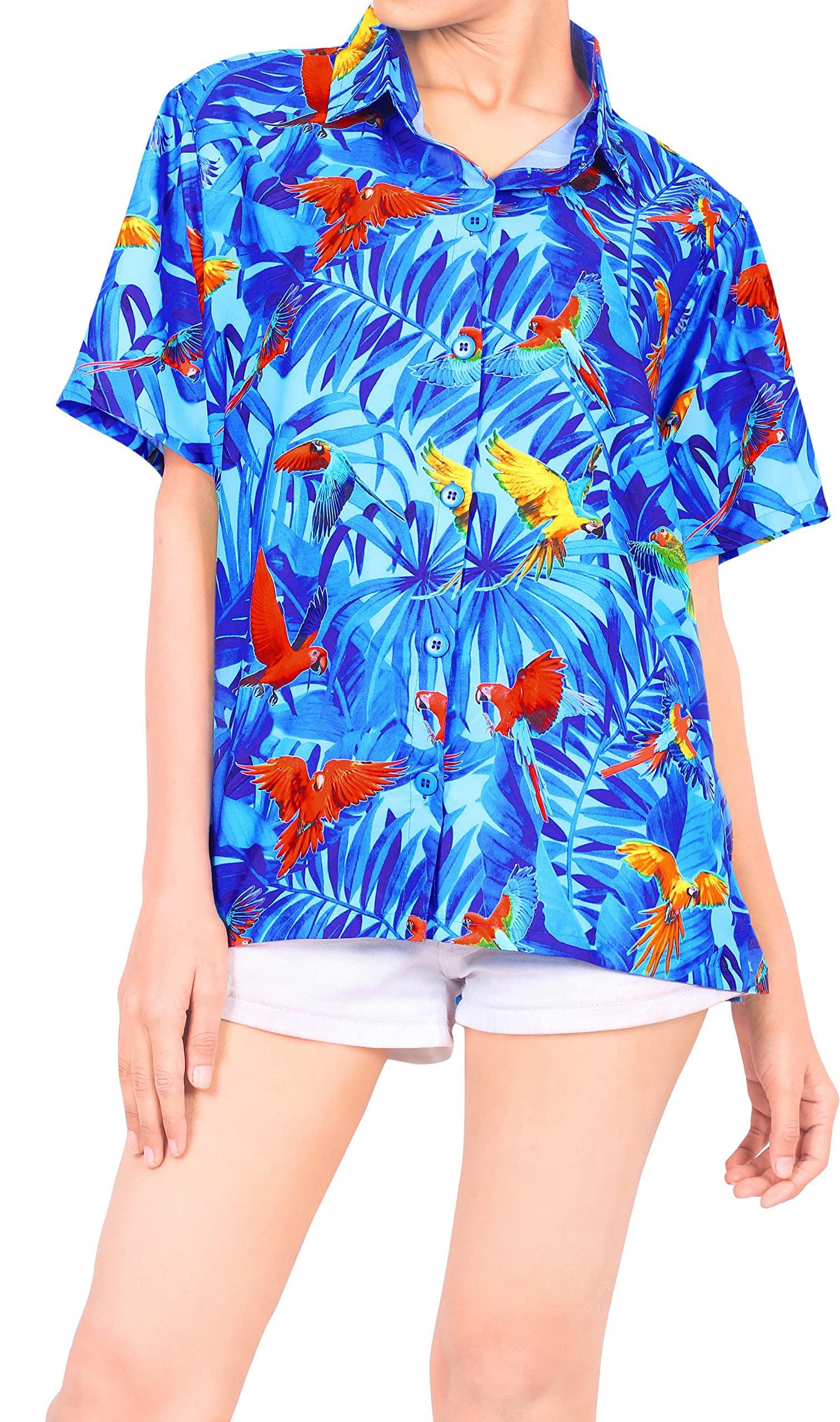 LA LEELA Women's Funny Short Sleeve Hawaiian Shirt - Tropical Vacation Beach Party Tops for Summer, Luau, Poolside & Casual Wear
