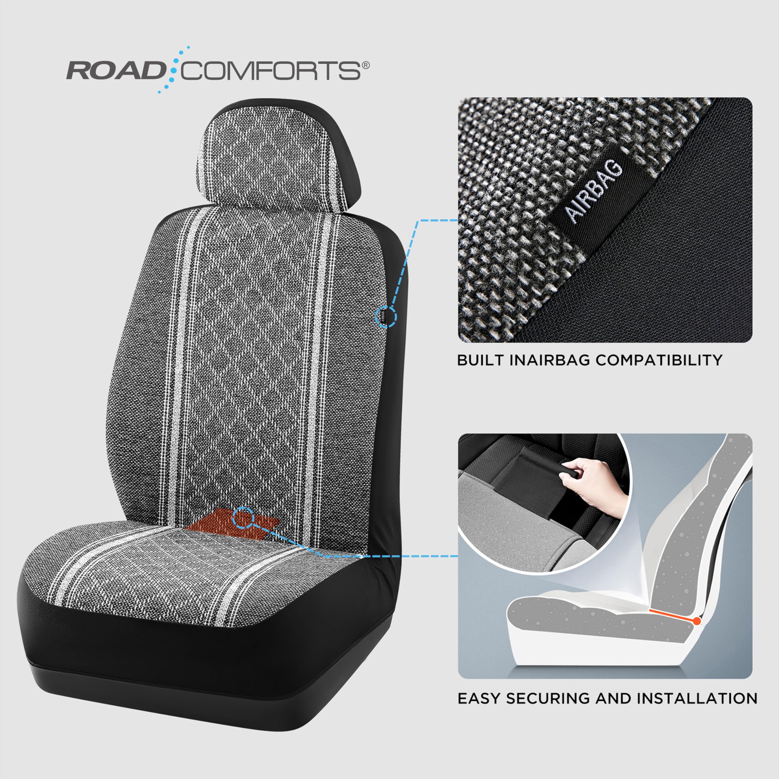 Road Comforts Baja Blanket Seat Covers - Gray Diamond Jacquard Fabric Bucket Seat Covers for Cars, Trucks, SUVs & Vans | Airbag Compatible, Universal Fit Low Back Design | Perfect for Road Trips, Camping & Daily Commute