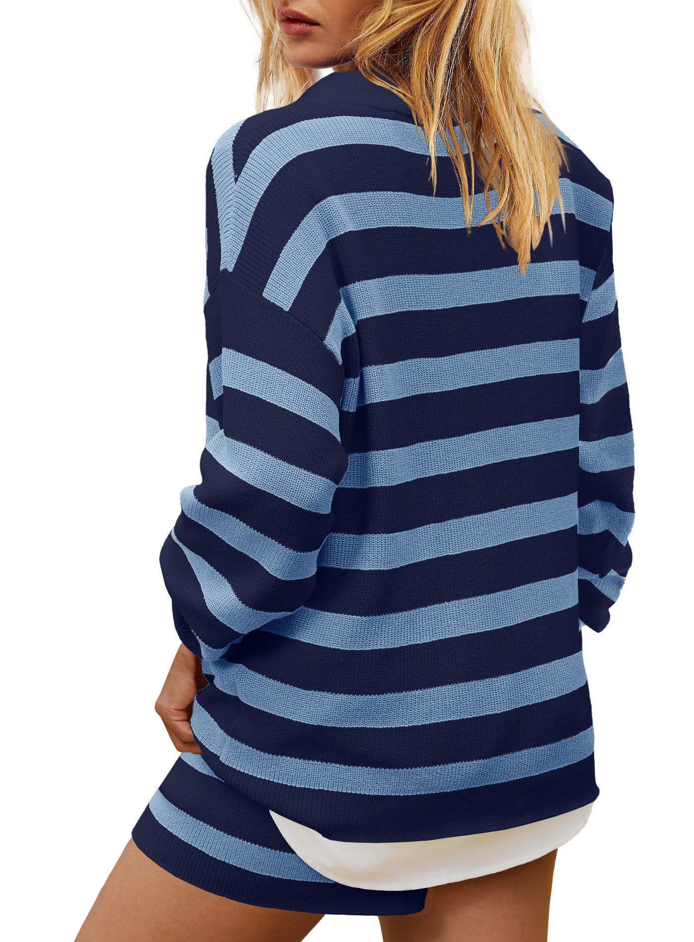 Yanekop Women's Striped Sweater & Shorts Lounge Set - Oversized 2 Piece Pajama Set with Long Sleeve Tunic - Cozy Matching Outfit for Home, Sleepwear & Loungewear