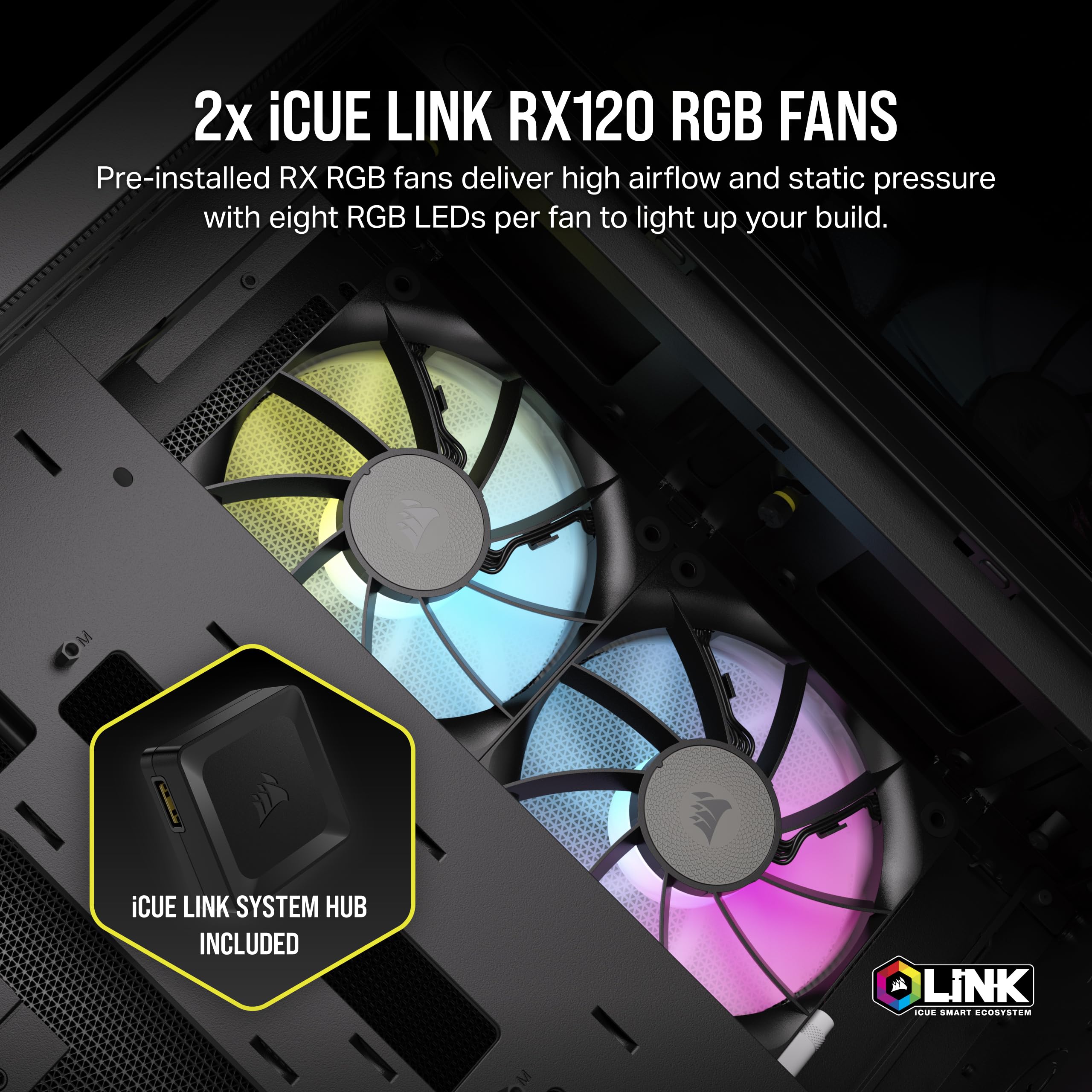 CORSAIR iCUE LINK 2500X RGB Small-Tower mATX Dual Chamber PC Case - Panoramic Tempered Glass - Reverse Connection Motherboard Compatible - 2x CORSAIR RX120 RGB Fans Included - Black | Gaming PC Build, Streaming Setup, Home Office Workstation