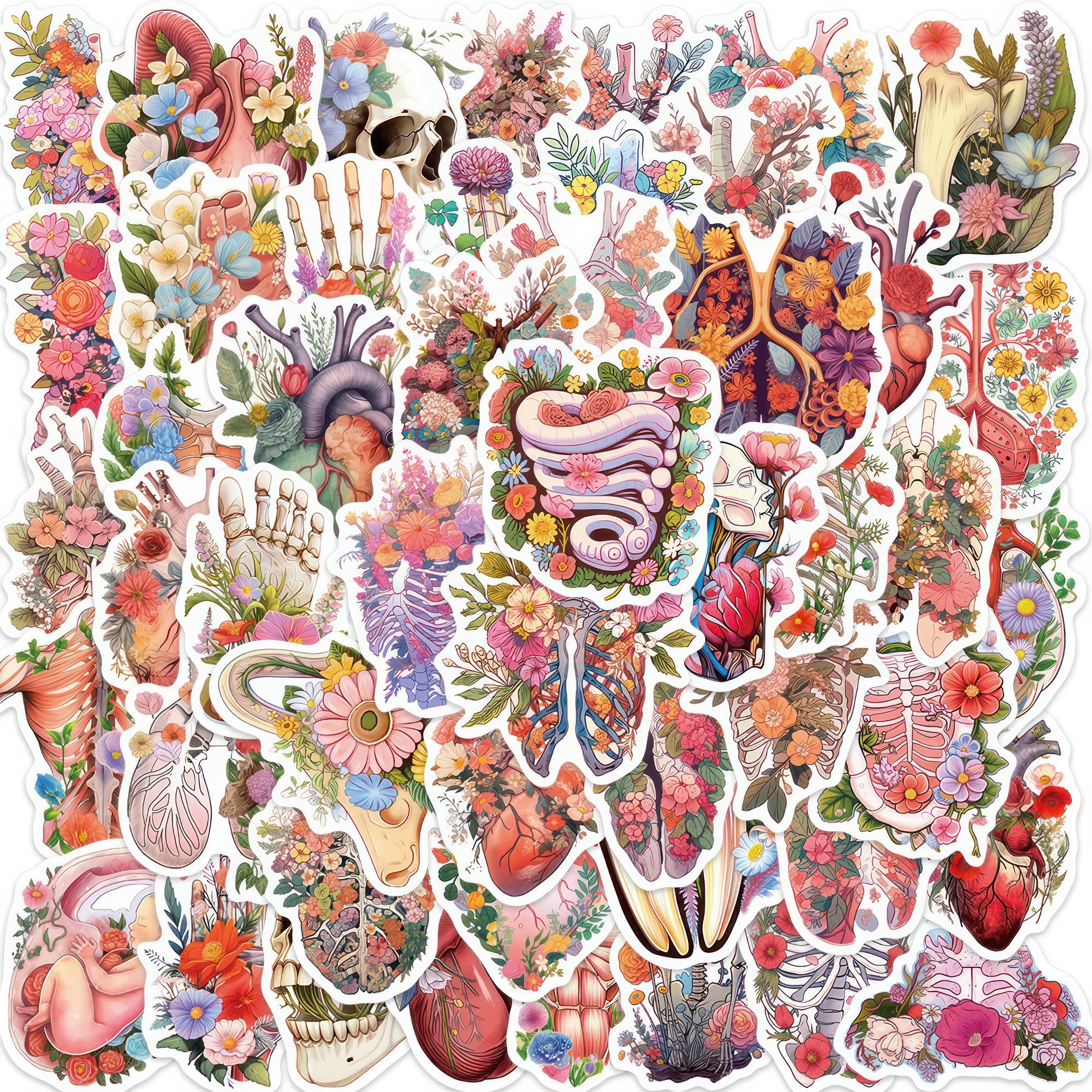 50 Pcs Aesthetic Flower Stickers for Skateboard, Guitar & Bedroom Decor - Waterproof Art Stickers for Adults & Teens