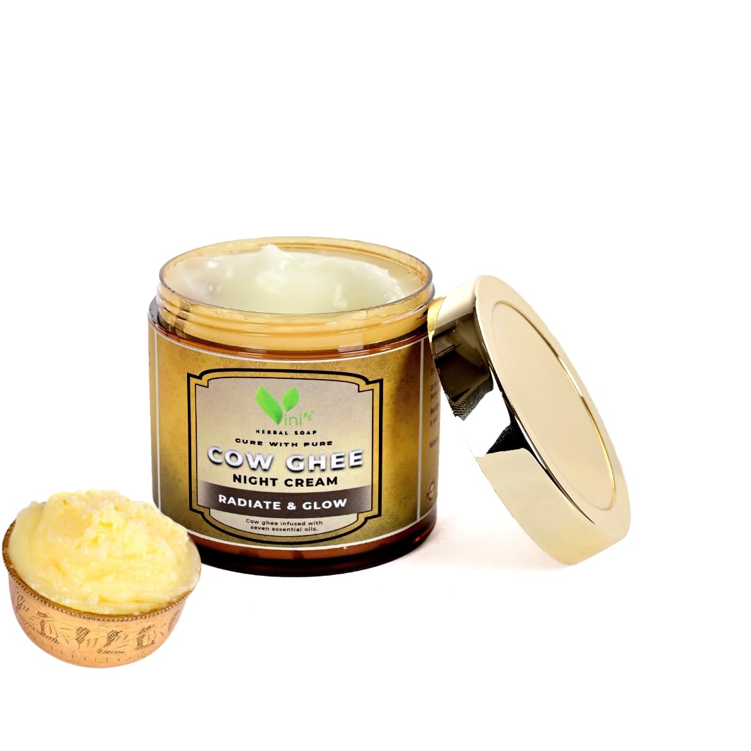 Vini's Herbal Cow Ghee Night Cream - Anti-Aging & Anti-Wrinkle Face Moisturizer for Glowing Skin | Brightening & Hydrating Cream for Nighttime Skincare Routine | Perfect for Dry & Mature Skin