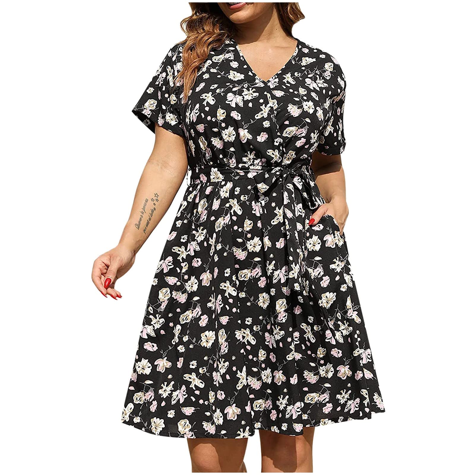 Plus Size Casual Wrap Dress for Women - O Neck A-Line Knee-Length Swing Dress by Threads for Thought | Perfect for Office, Date Night & Summer Outings