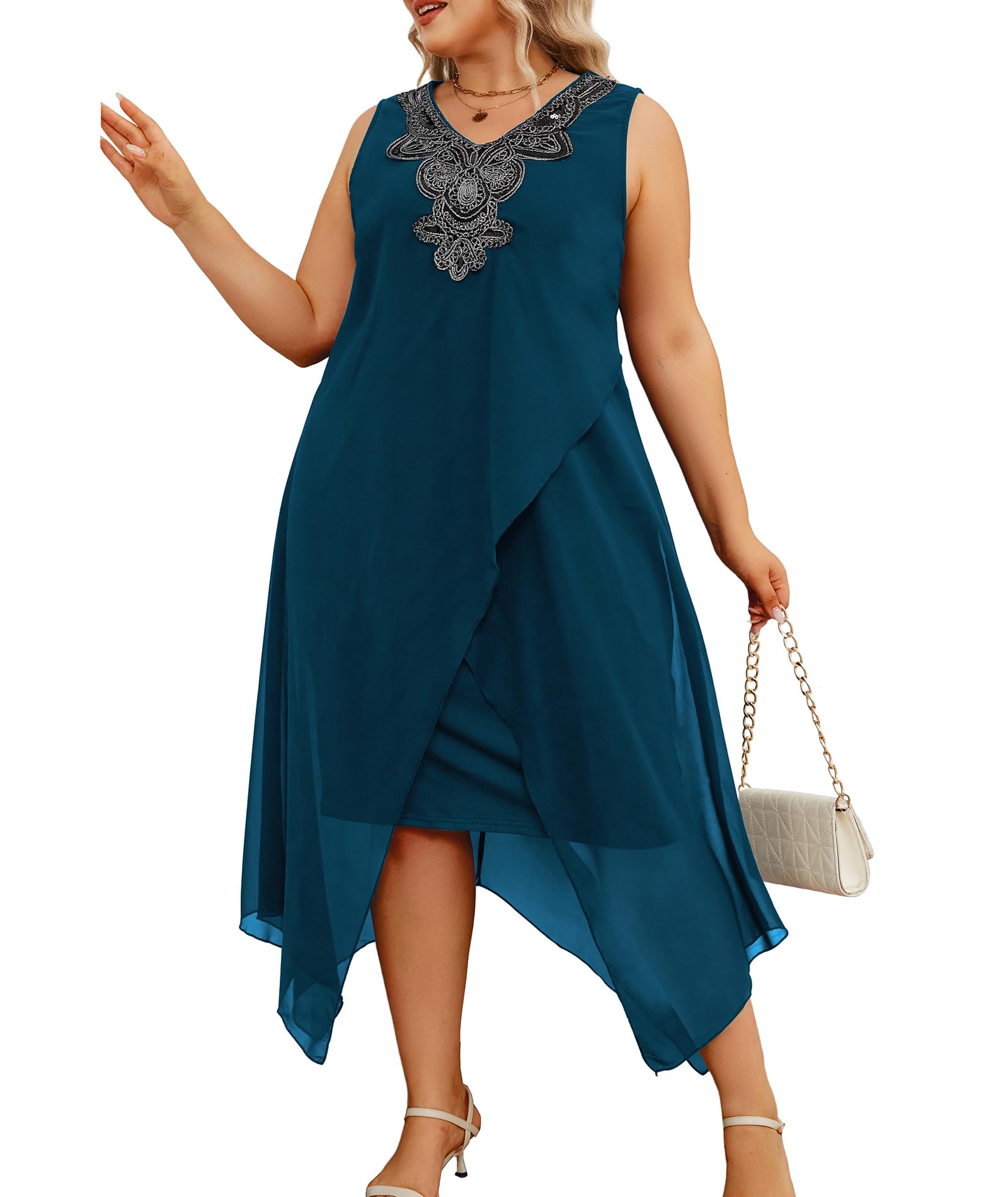 OCSTRADE Women's Plus Size Chiffon Dress - Flowy Sleeveless Cocktail Party Midi Dress for Women, Elegant Loose Fit Summer Dress for Weddings, Parties & Special Occasions