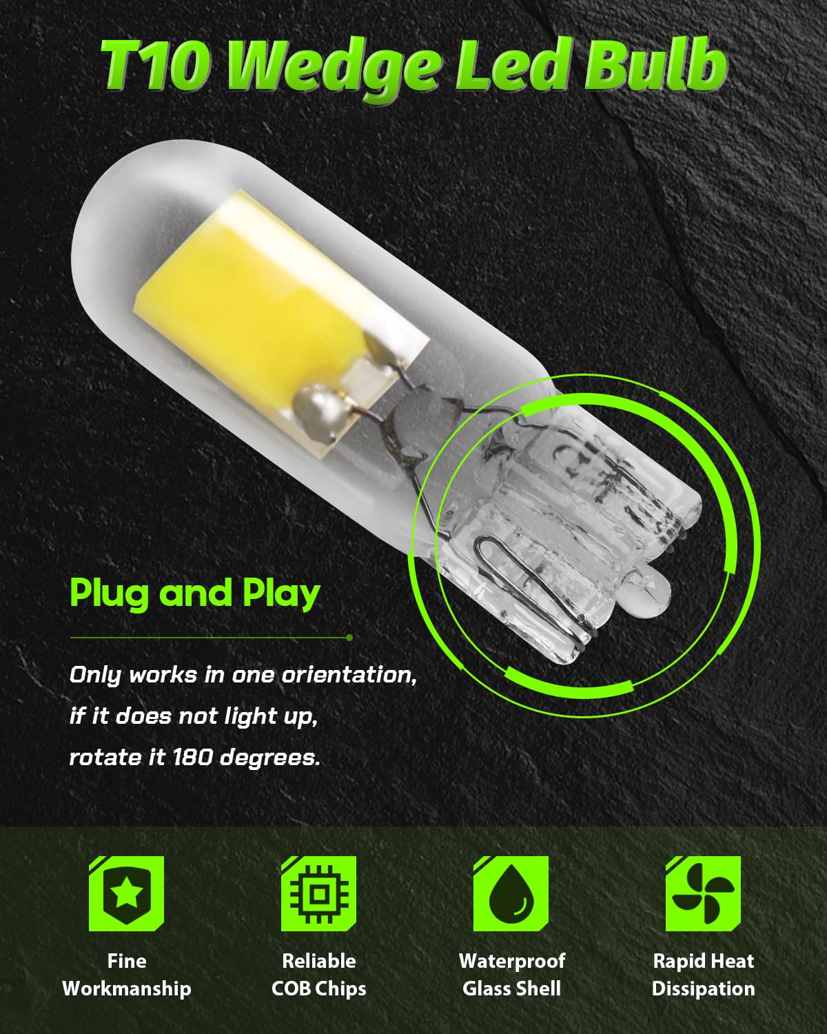 Alopee T10 LED Bulb 6500K Cool White - 10 Pack, 12V DC, W5W 168 193 194 198 Replacement Bulbs for Automotive Interior Lights, RV Camper, Under Cabinet Lighting - Perfect for Car Dashboard, Boat Cabinets & Home Decoration