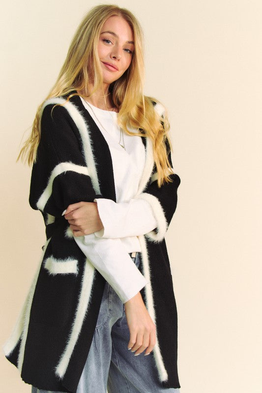 Davi & Dani Women's Fuzzy Trim Open Front Loose Fit Cardigan Sweater - Cozy Winter Loungewear for Home, Office & Casual Outings
