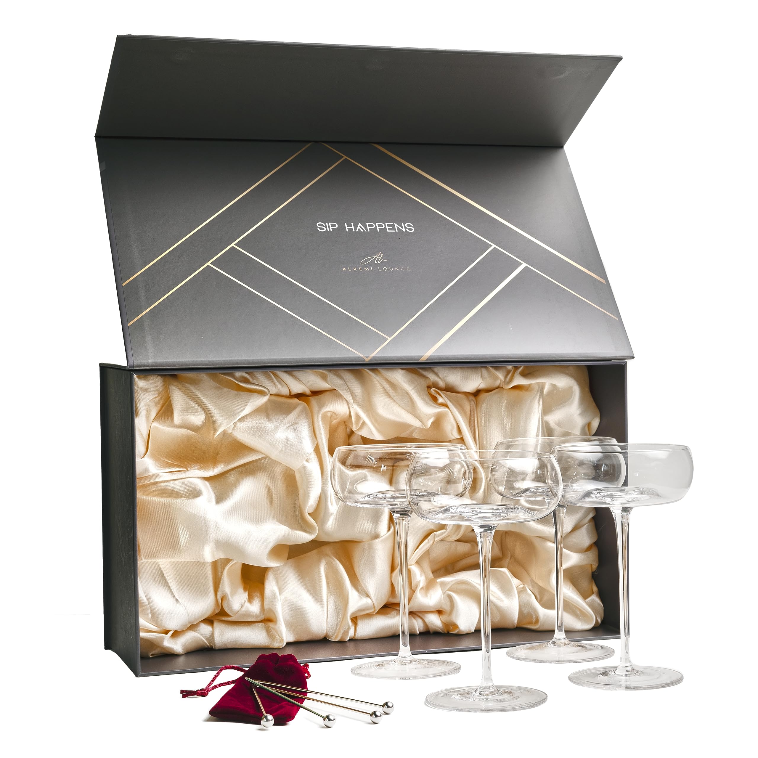 Premium Handcrafted 8 Oz Coupe Glasses Set of 4 - Vintage Champagne & Martini Glasses with Garnish Picks - Luxury Cocktail Glasses in Gift Box - Perfect for Home Bars, Wedding Toasts & Cocktail Parties
