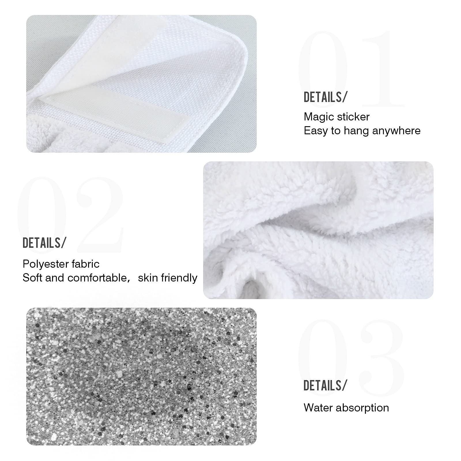 Poeticcity Glitter Silver Grey Hanging Kitchen Hand Towels - 2 Pack with Hook & Loop Dishcloths Set | Absorbent Tea Towel & Decorative Bar Towel for Kitchen, Bathroom, Dining Room
